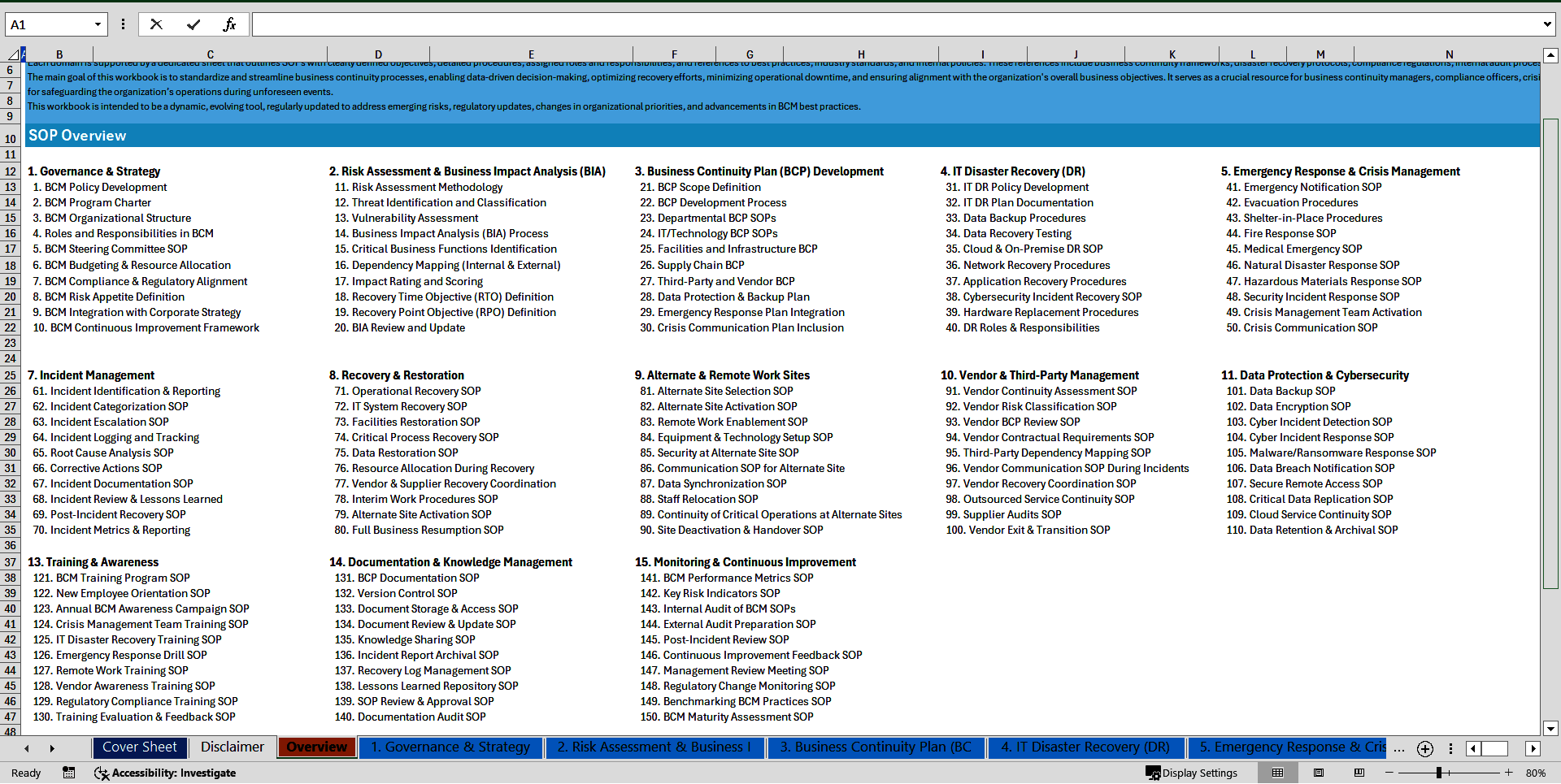 100+ Business Continuity Management (BCM) SOPs (Excel template (XLSX)) Preview Image