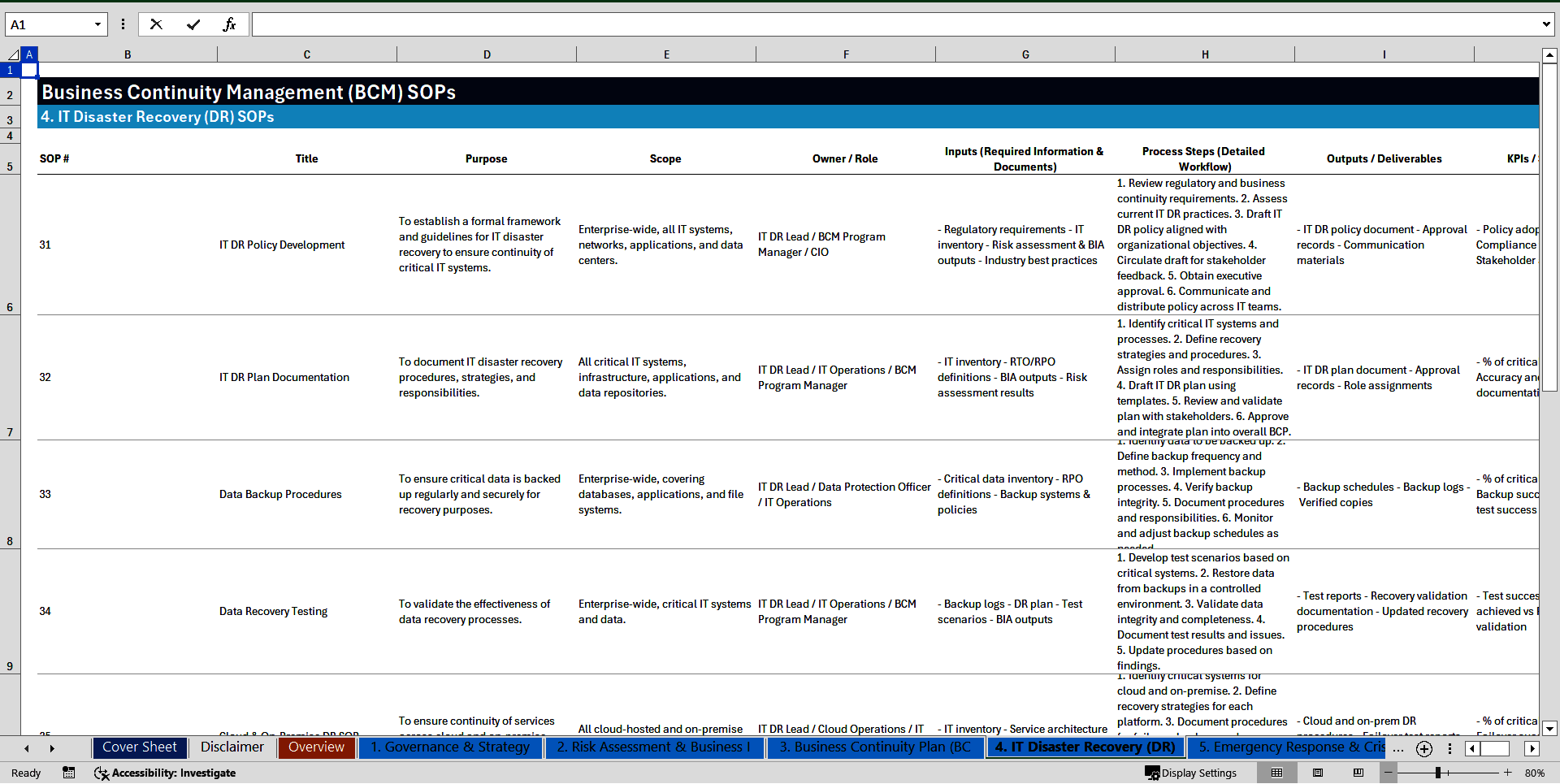 100+ Business Continuity Management (BCM) SOPs (Excel template (XLSX)) Preview Image