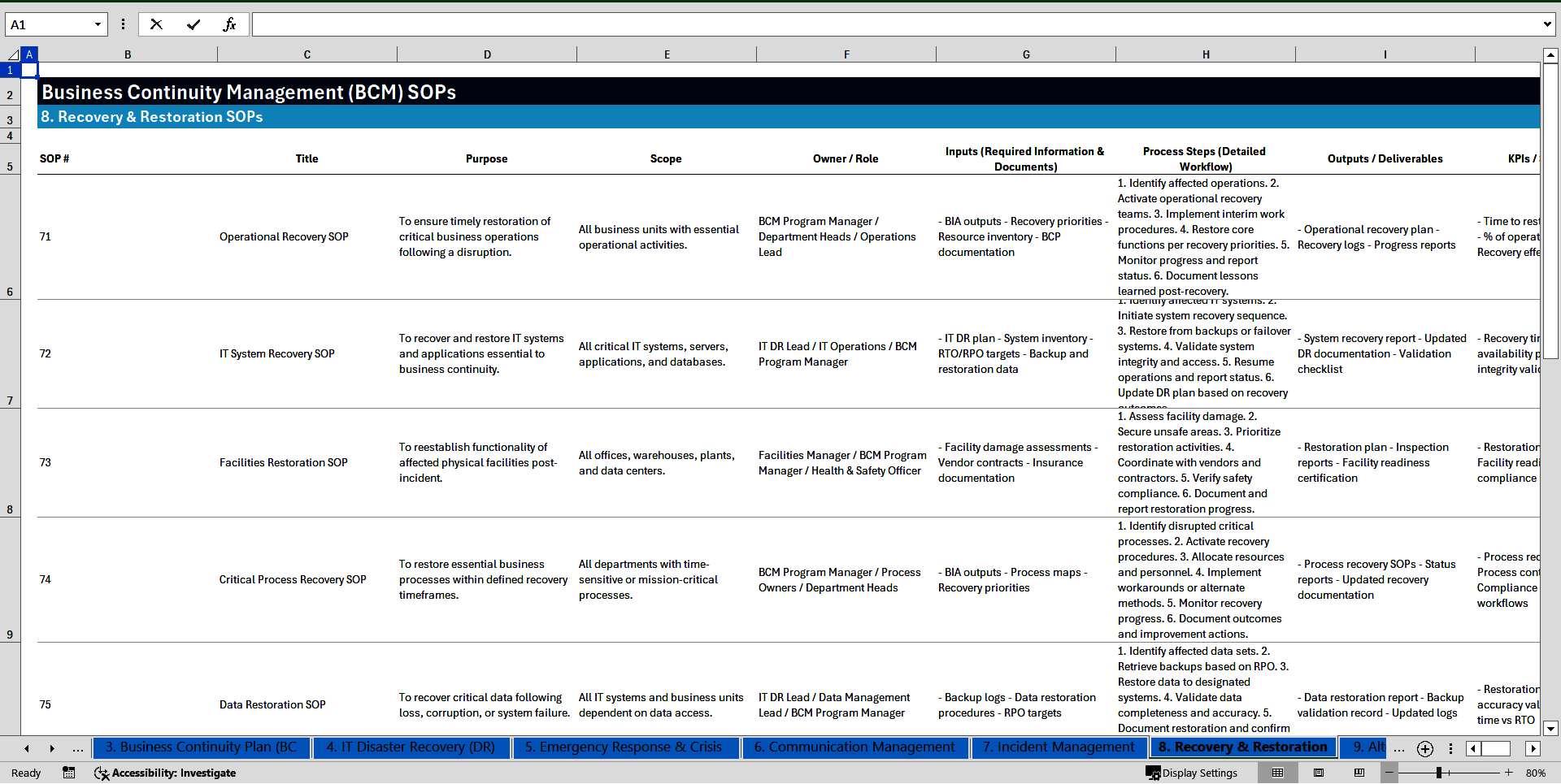 100+ Business Continuity Management (BCM) SOPs (Excel template (XLSX)) Preview Image