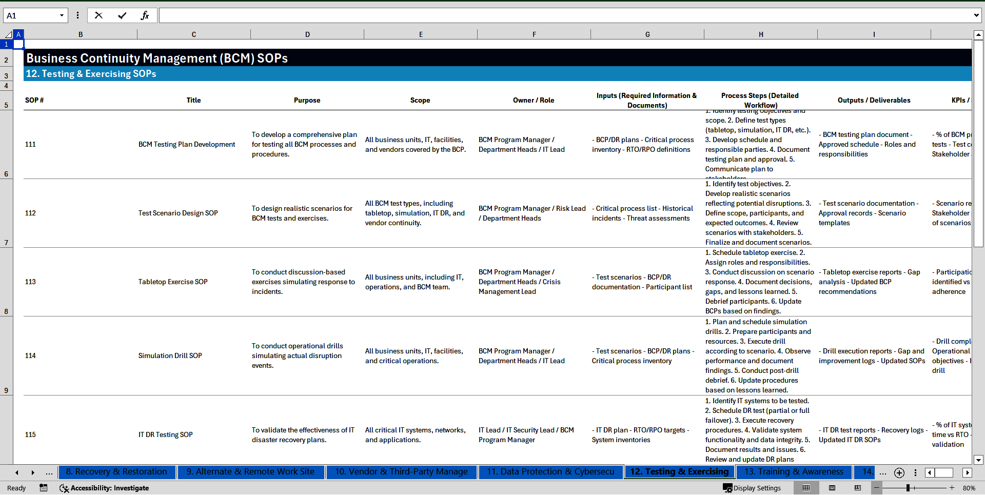 100+ Business Continuity Management (BCM) SOPs (Excel template (XLSX)) Preview Image