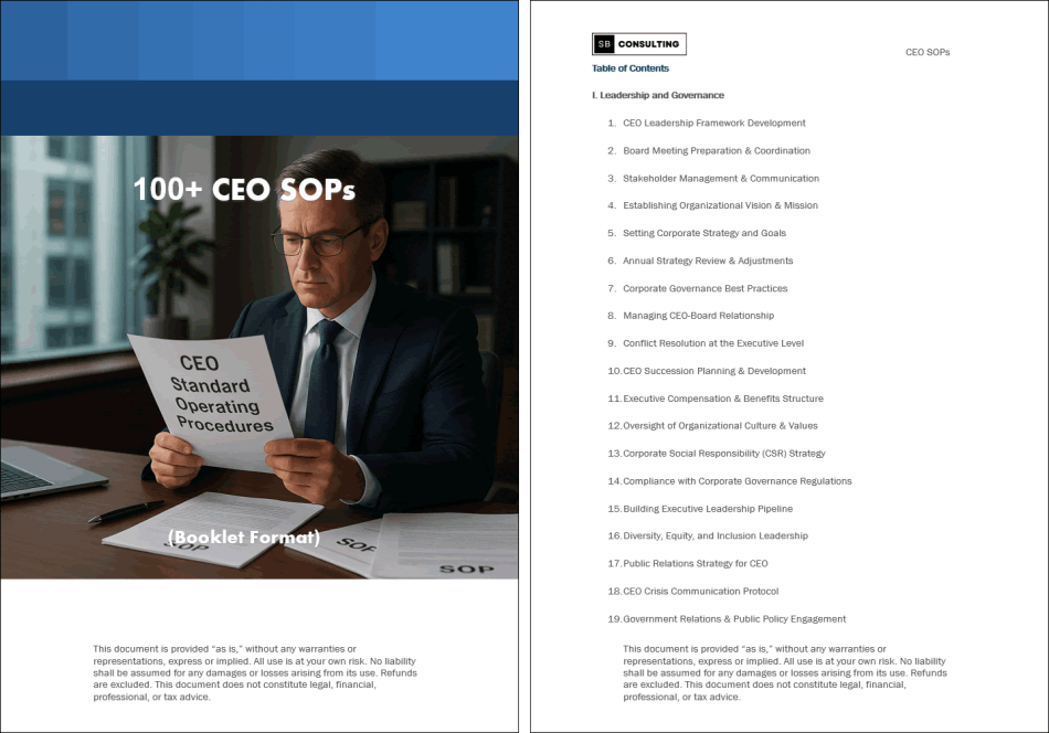 100+ Chief Executive Officer (CEO) SOPs (Booklet Format) (0-page Word document) Preview Image