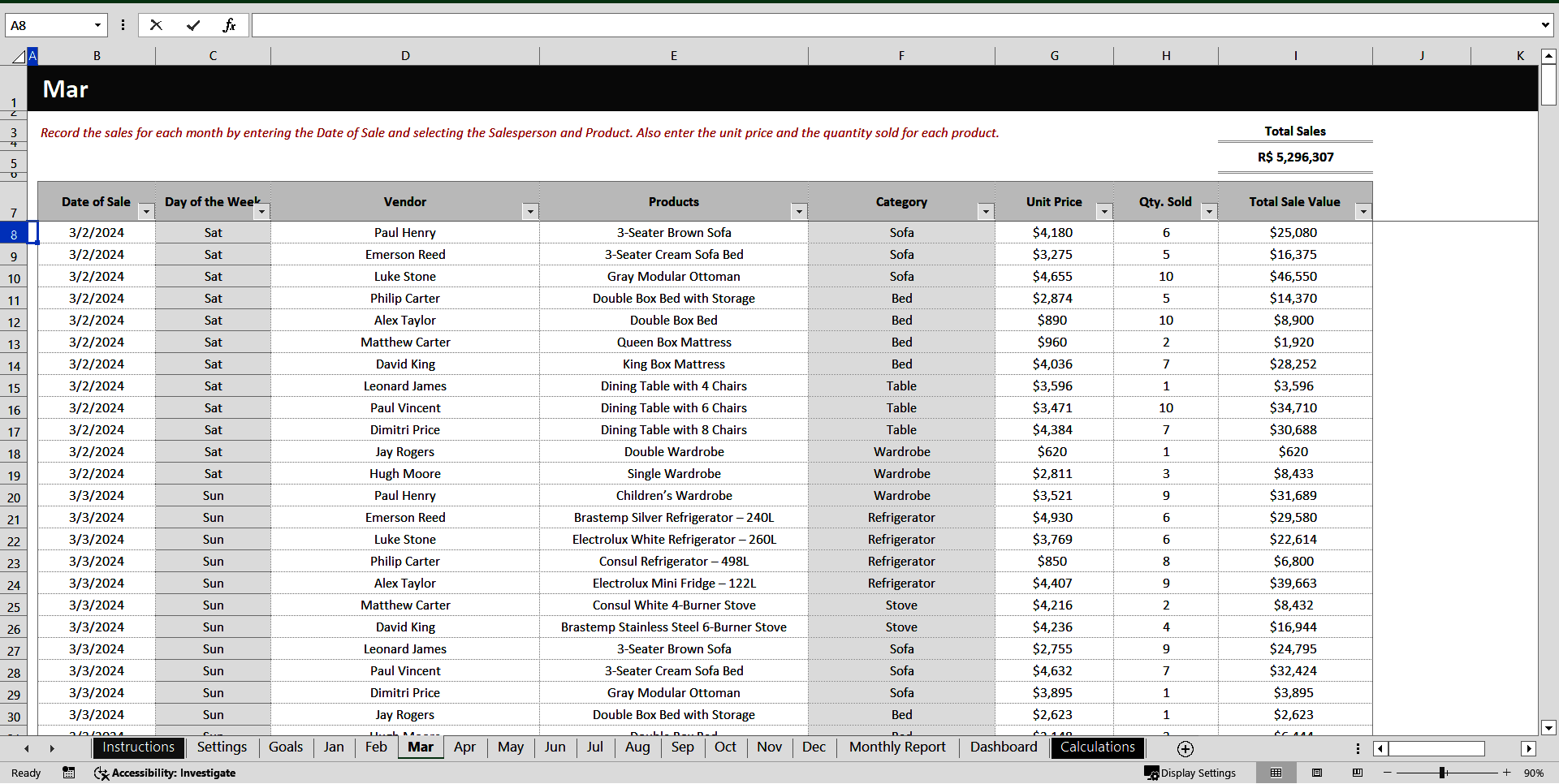 Sales Management by Salesperson and Product (Excel template (XLSX)) Preview Image