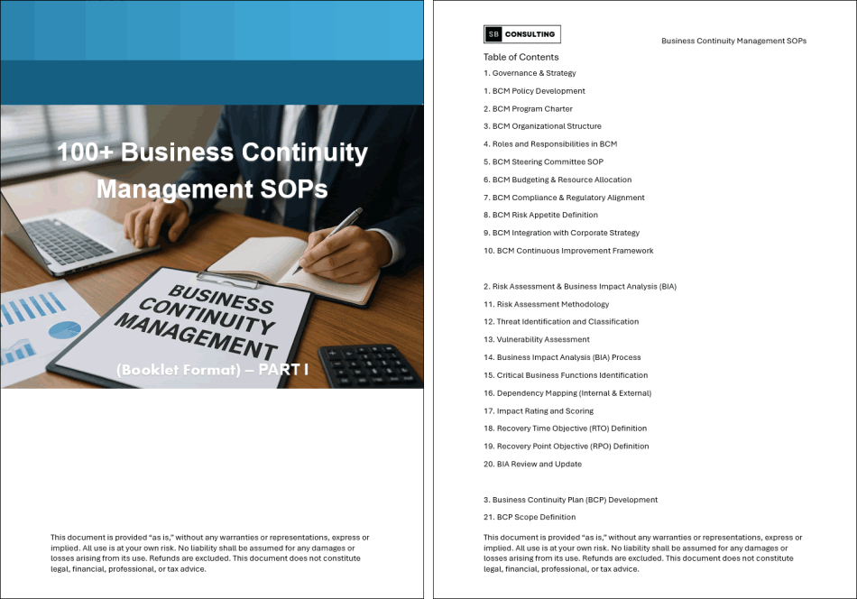 100+ Business Continuity Management SOPs (Booklet Format) (158-page Word document) Preview Image