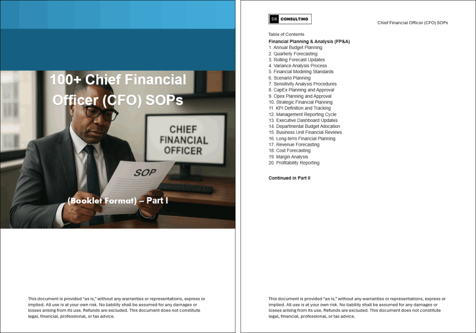 100+ Chief Financial Officer (CFO) SOPs (Booklet Format) (82-page Word document) Preview Image