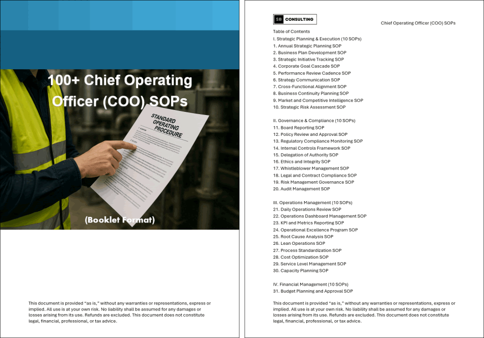 100+ Chief Operating Officer (COO) SOPs (Booklet Format) (480-page Word document) Preview Image