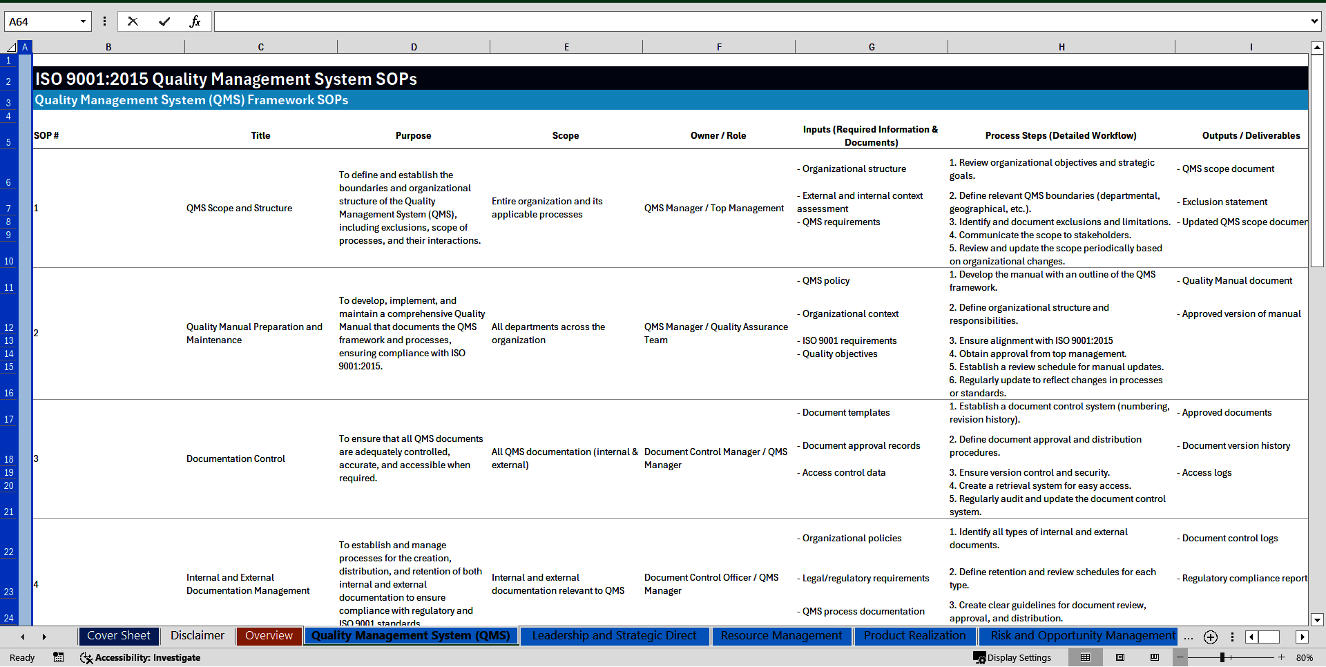 100+ ISO 9001-2015 Quality Management System SOPs (Excel template (XLSX)) Preview Image