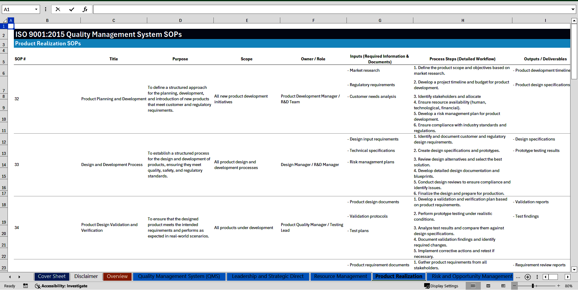 100+ ISO 9001-2015 Quality Management System SOPs (Excel template (XLSX)) Preview Image