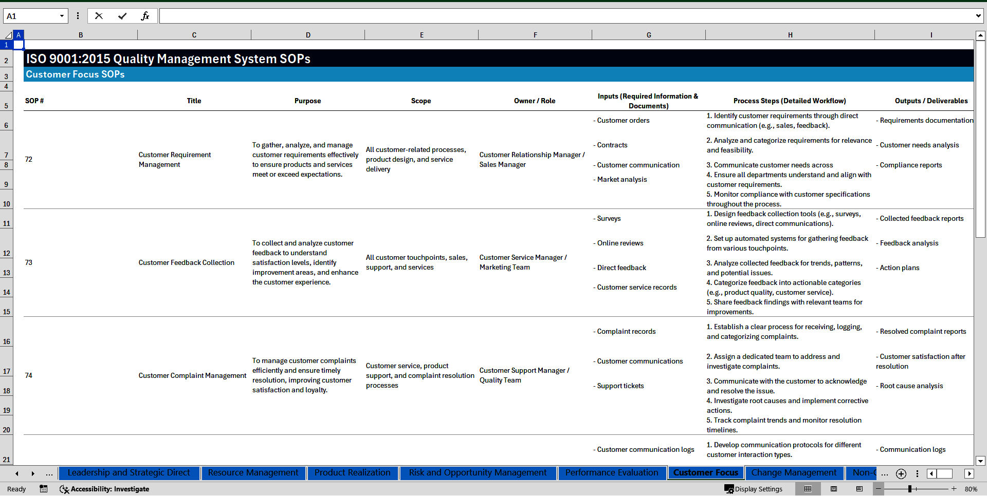 100+ ISO 9001-2015 Quality Management System SOPs (Excel template (XLSX)) Preview Image