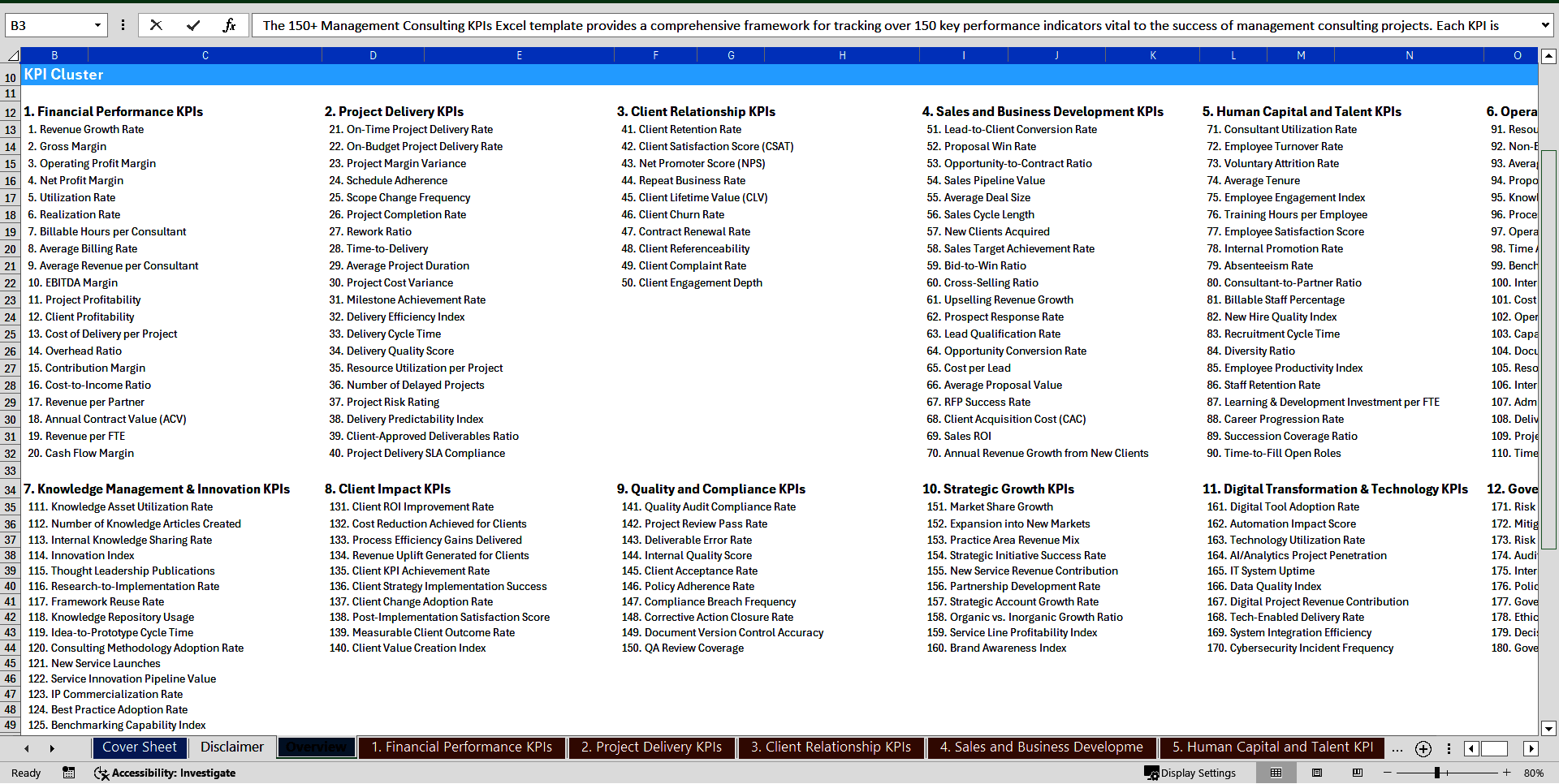150+ Management Consulting KPIs (Excel template (XLSX)) Preview Image