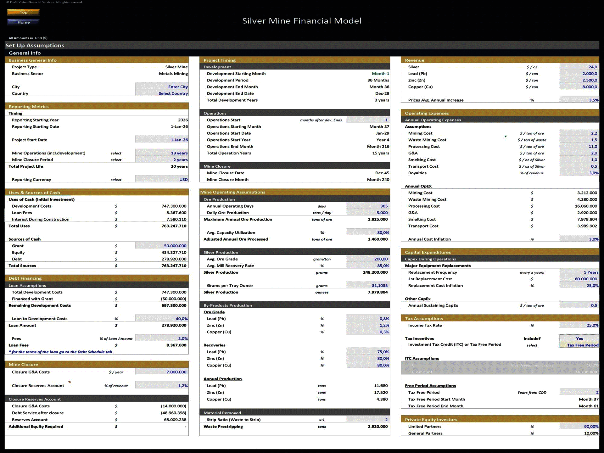 Silver Mine Development – Project Finance Model (Excel template (XLSX)) Preview Image