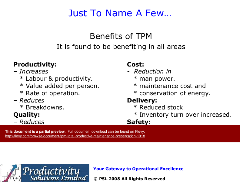 Total Productive Maintenance (TPM) (58-slide PPT PowerPoint presentation (PPT)) Preview Image