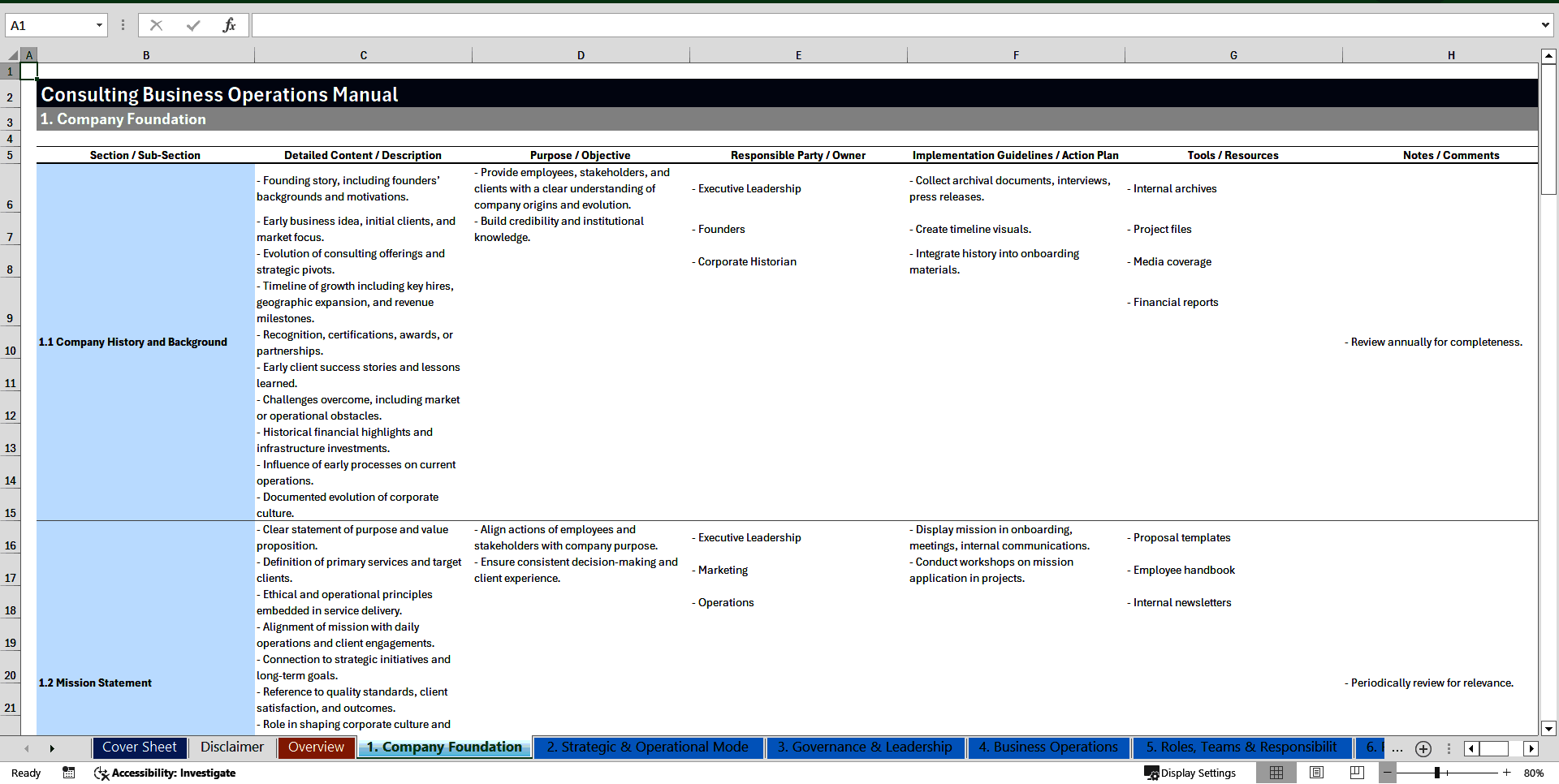 Consulting Business Operations Manual (Excel template (XLSX)) Preview Image