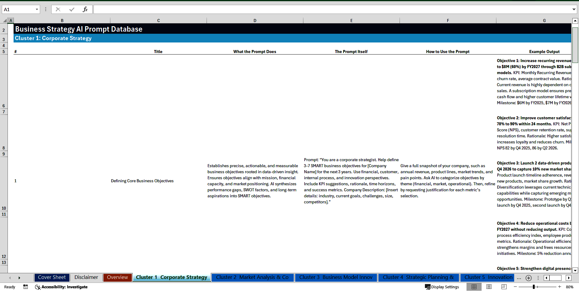 Business Strategy AI Prompt Library (100+ Prompts) (Excel template (XLSX)) Preview Image