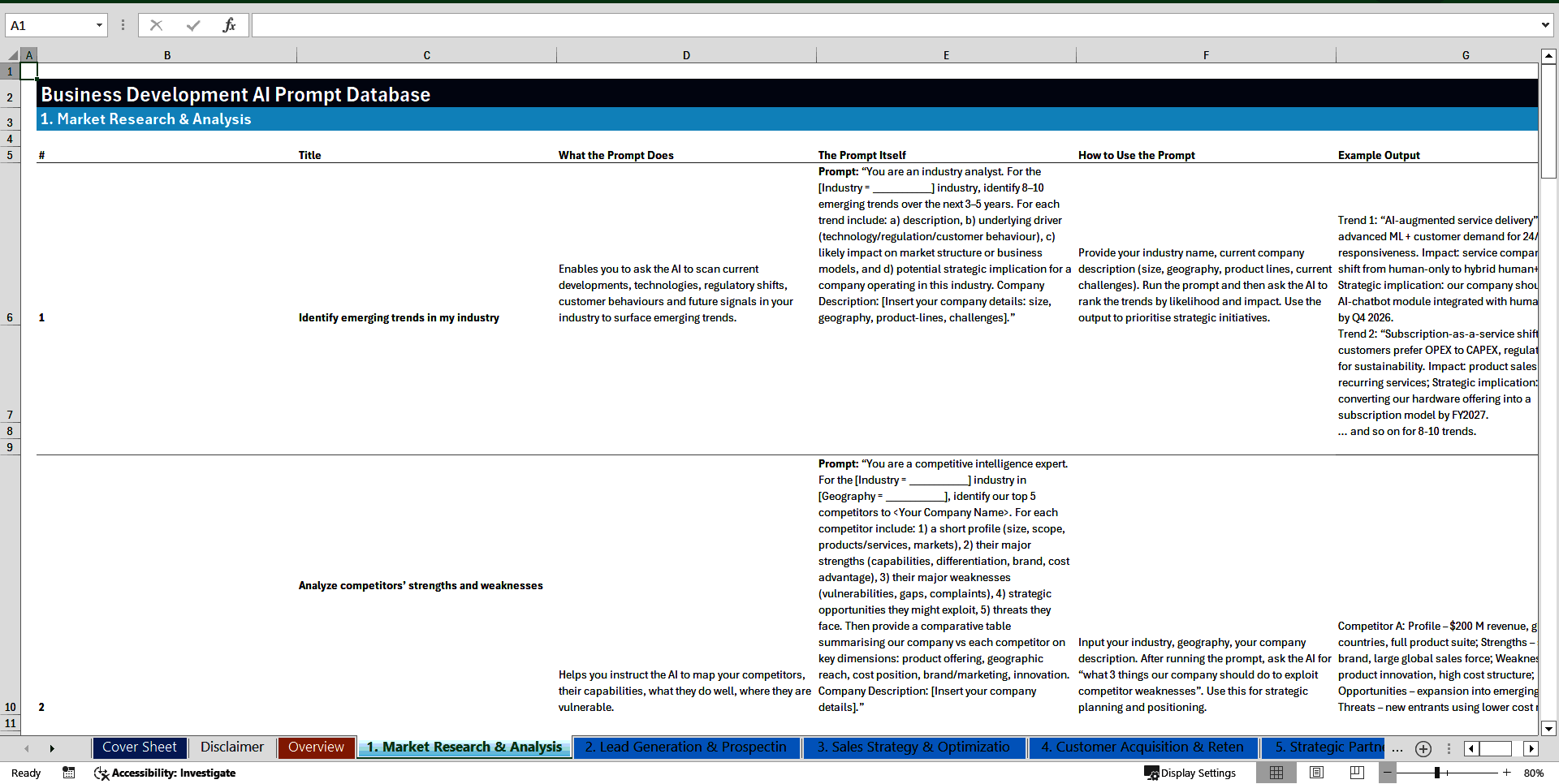 Business Development AI Prompt Library (100+ Prompts) (Excel template (XLSX)) Preview Image