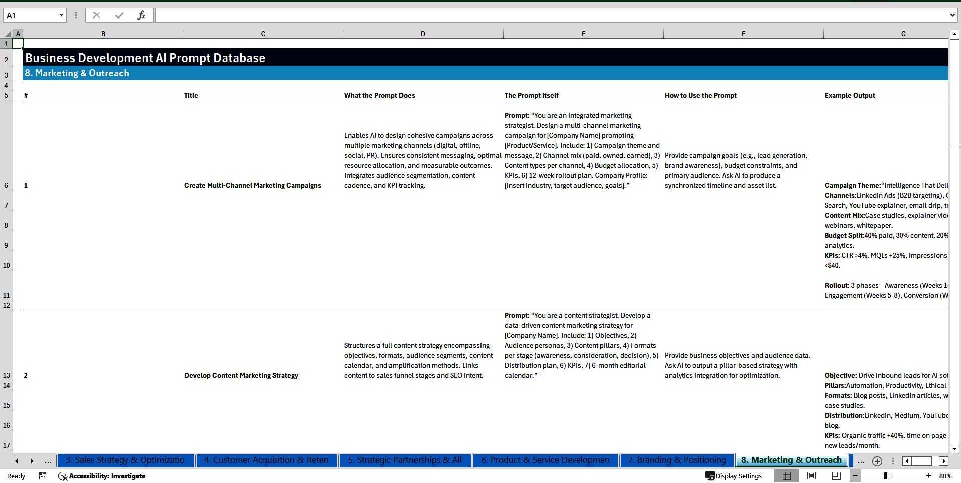 Business Development AI Prompt Library (100+ Prompts) (Excel template (XLSX)) Preview Image