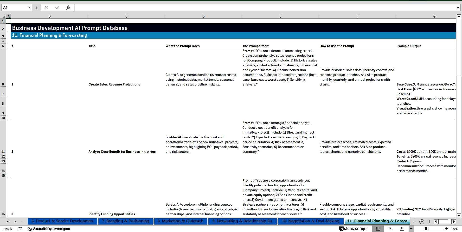 Business Development AI Prompt Library (100+ Prompts) (Excel template (XLSX)) Preview Image