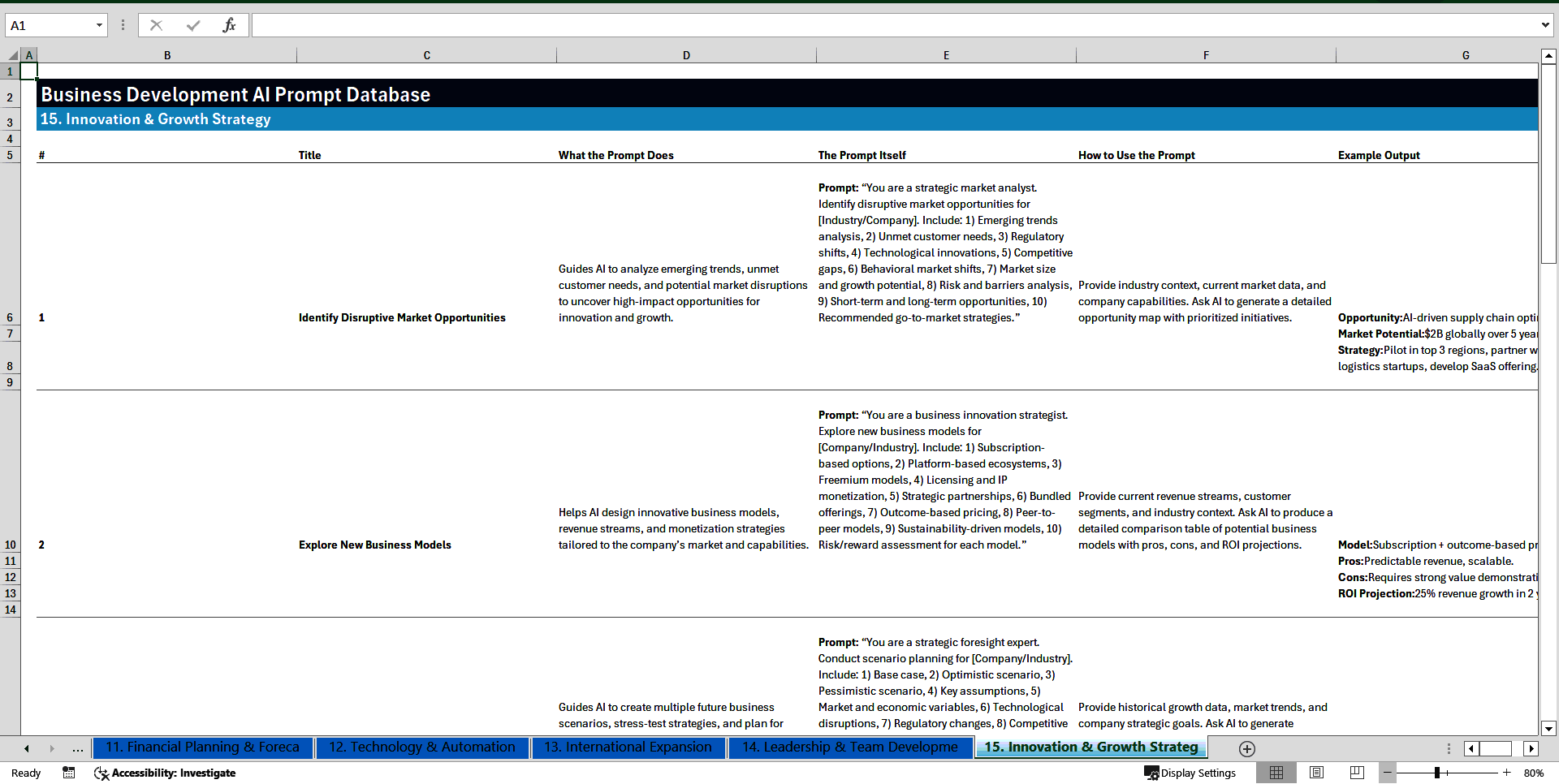Business Development AI Prompt Library (100+ Prompts) (Excel template (XLSX)) Preview Image