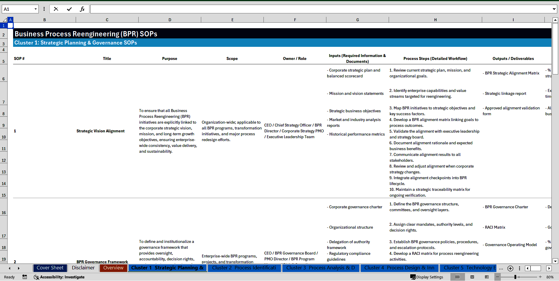 100+ Business Process Reengineering (BPR) SOPs (Excel template (XLSX)) Preview Image