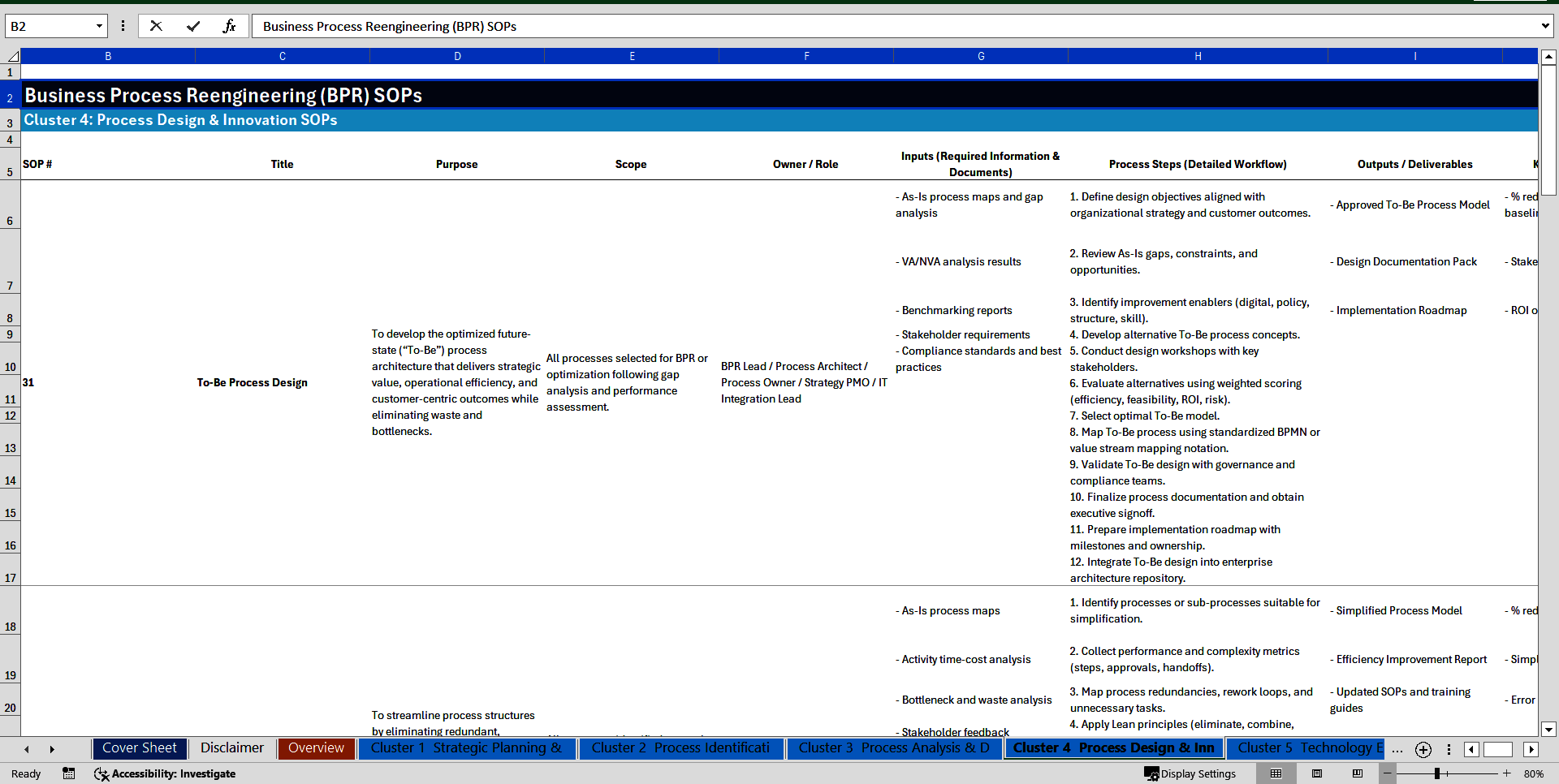 100+ Business Process Reengineering (BPR) SOPs (Excel template (XLSX)) Preview Image