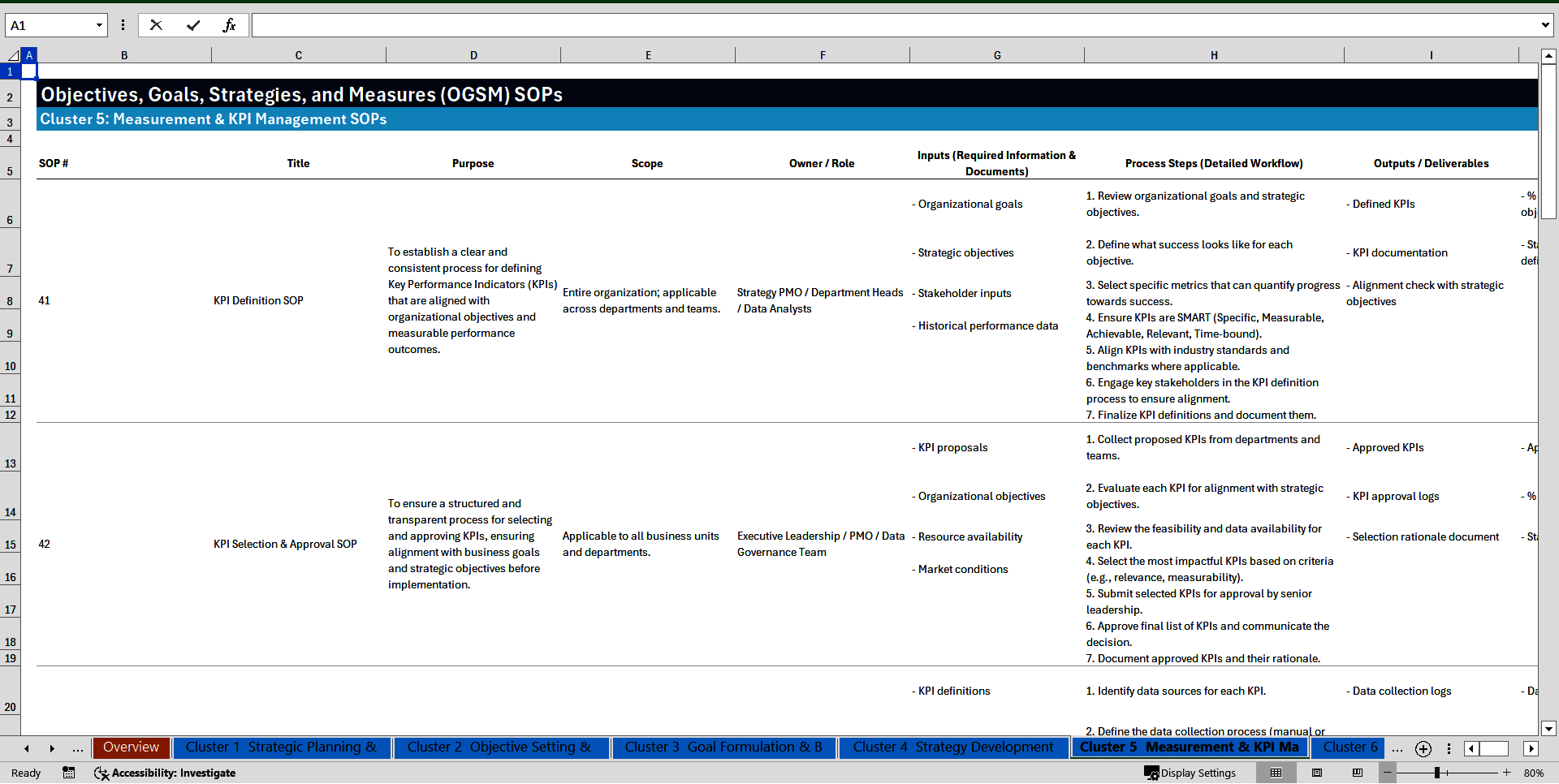 100+ Objectives, Goals, Strategies, and Measures (OGSM) SOPs (Excel template (XLSX)) Preview Image