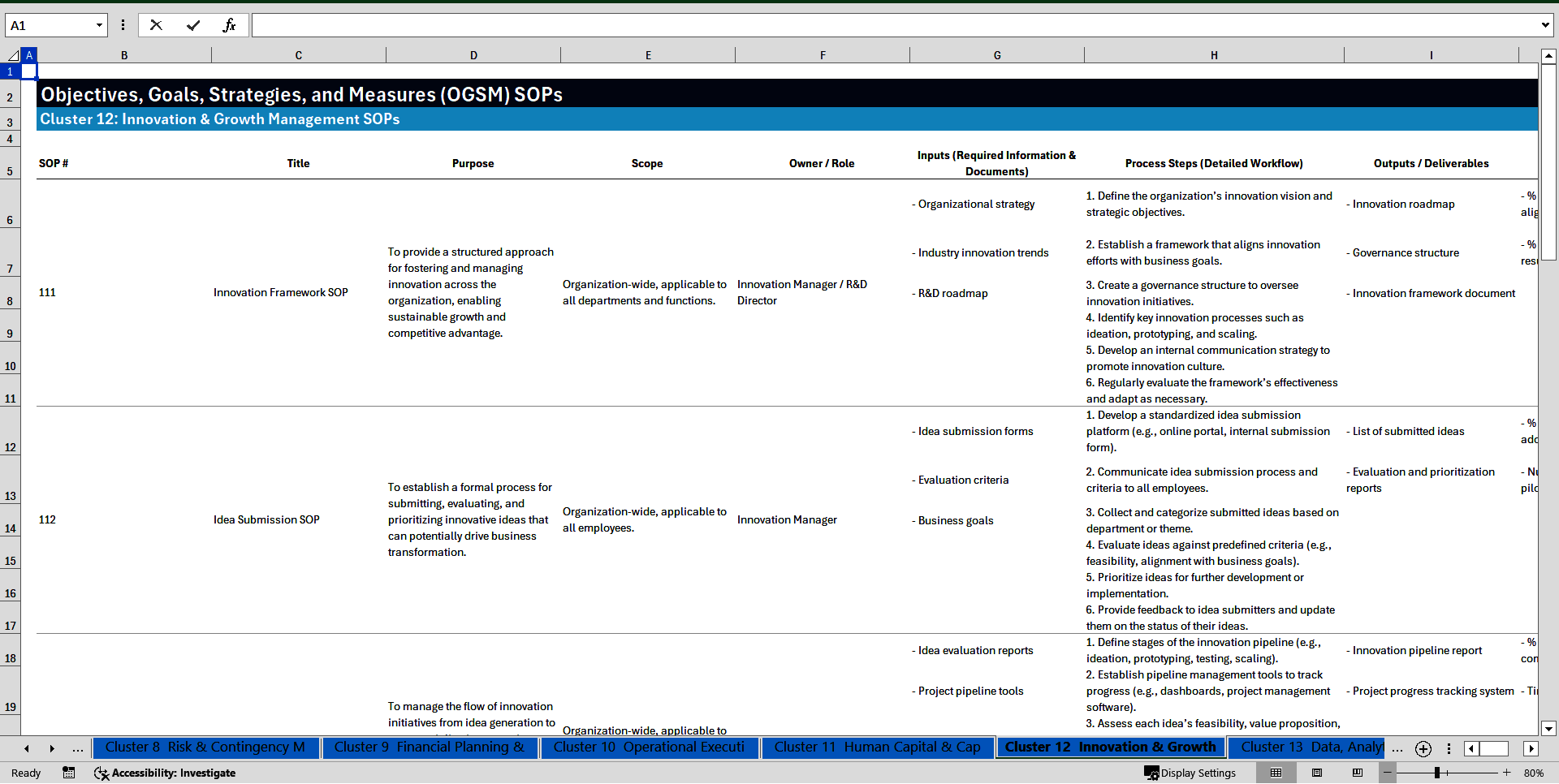 100+ Objectives, Goals, Strategies, and Measures (OGSM) SOPs (Excel template (XLSX)) Preview Image