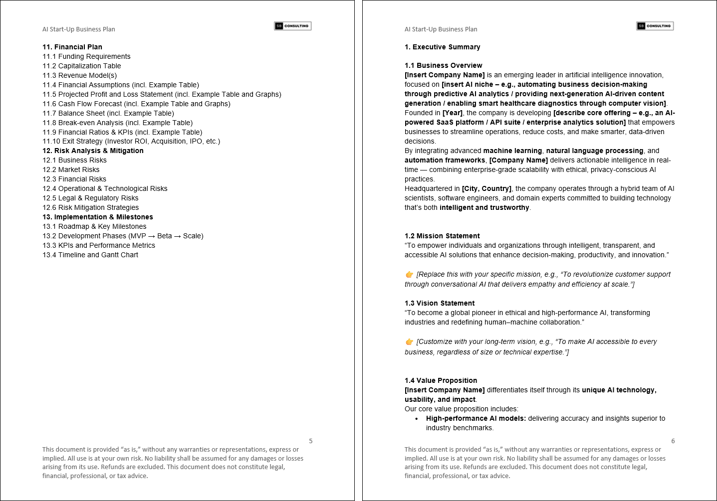AI SaaS Startup Business Plan (75-page Word document) Preview Image