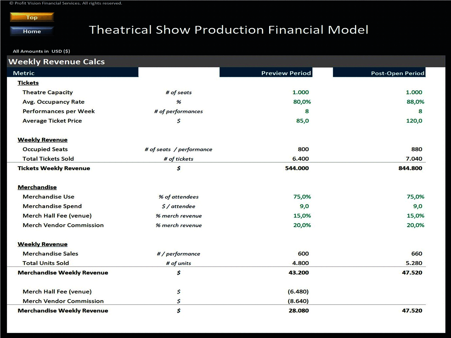 Theatrical Show Production Financial Model (Excel template (XLSX)) Preview Image