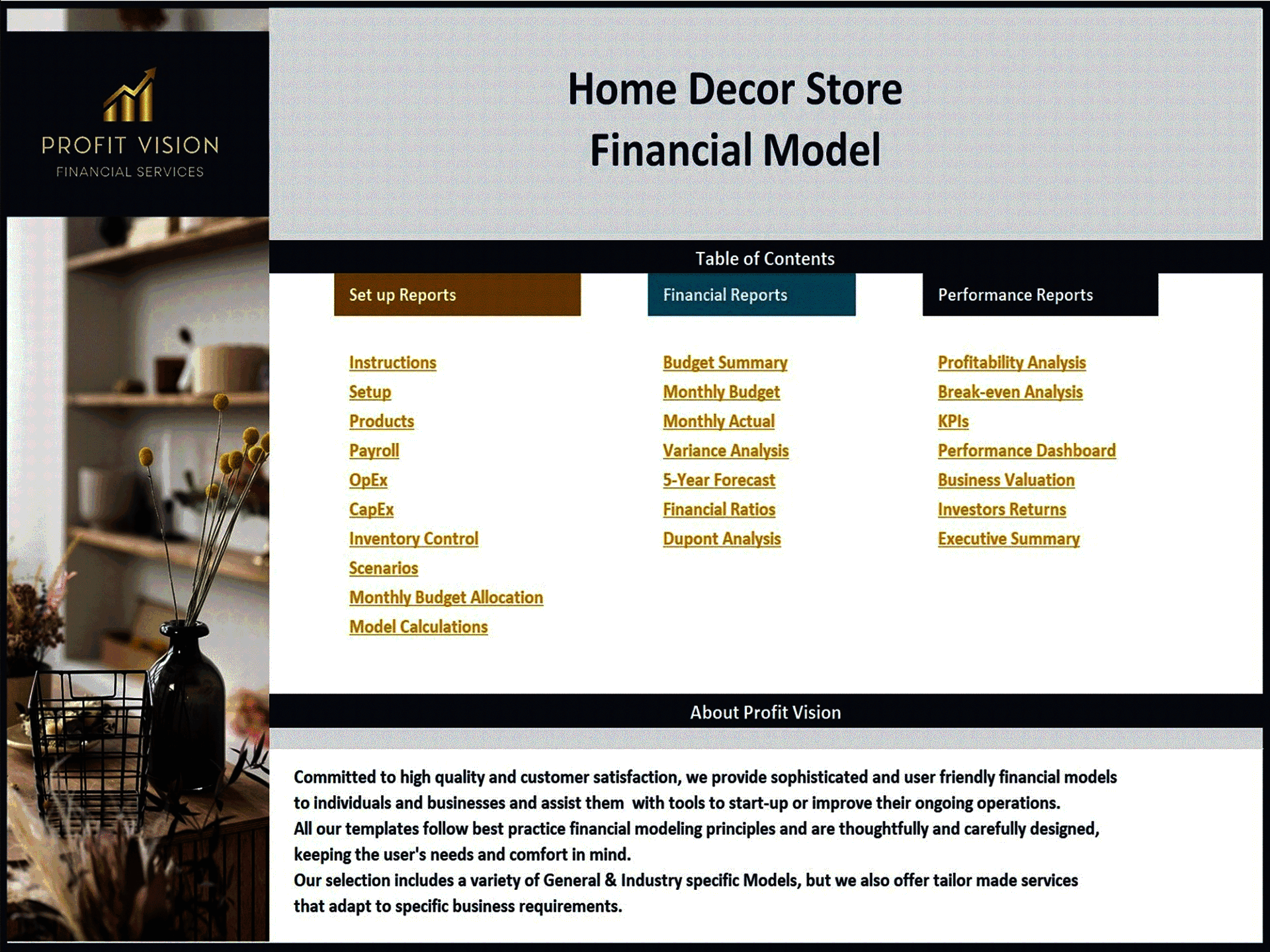 Home Décor Store – 5 Year Financial Model (Excel template (XLSX)) Preview Image
