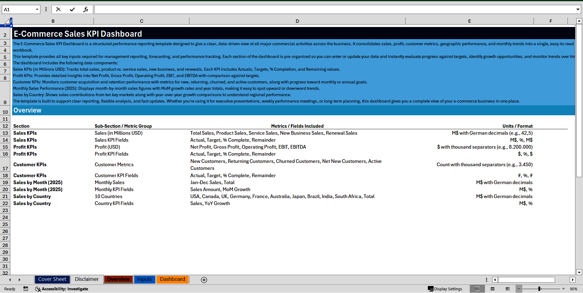 E-Commerce Sales KPI Dashboard (Excel template (XLSX)) Preview Image