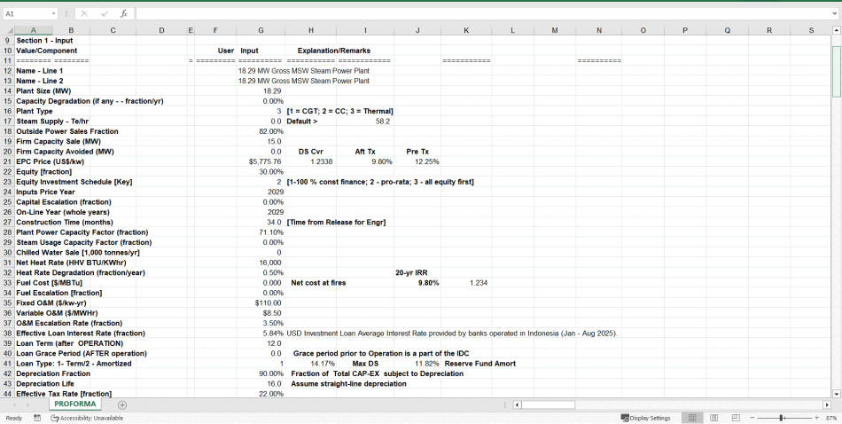 Financial Model for 15 MW MSW-Fired Steam Power Plants (Excel template (XLS)) Preview Image
