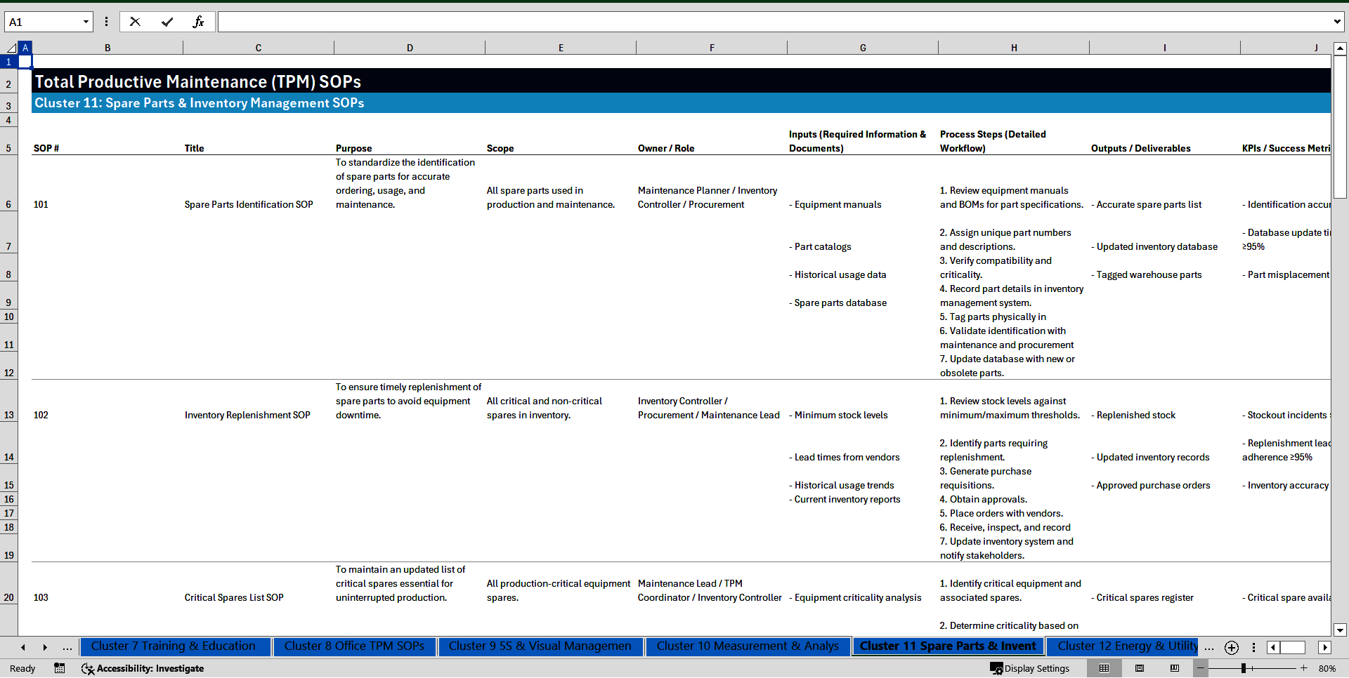 100+ Total Productive Maintenance (TPM) SOPs (Excel template (XLSX)) Preview Image