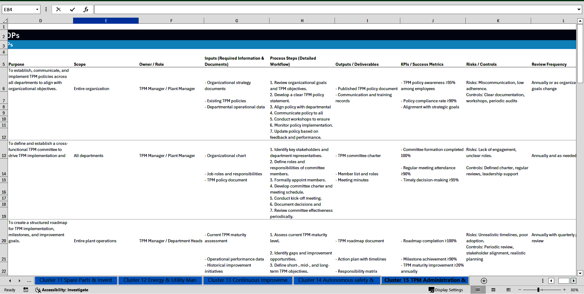 100+ Total Productive Maintenance (TPM) SOPs (Excel template (XLSX)) Preview Image