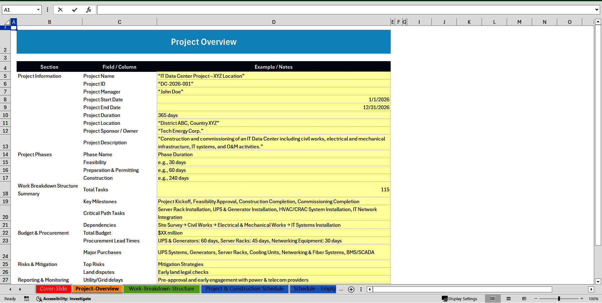 Data Center Project Gantt Schedule Template (Excel template (XLSX)) Preview Image