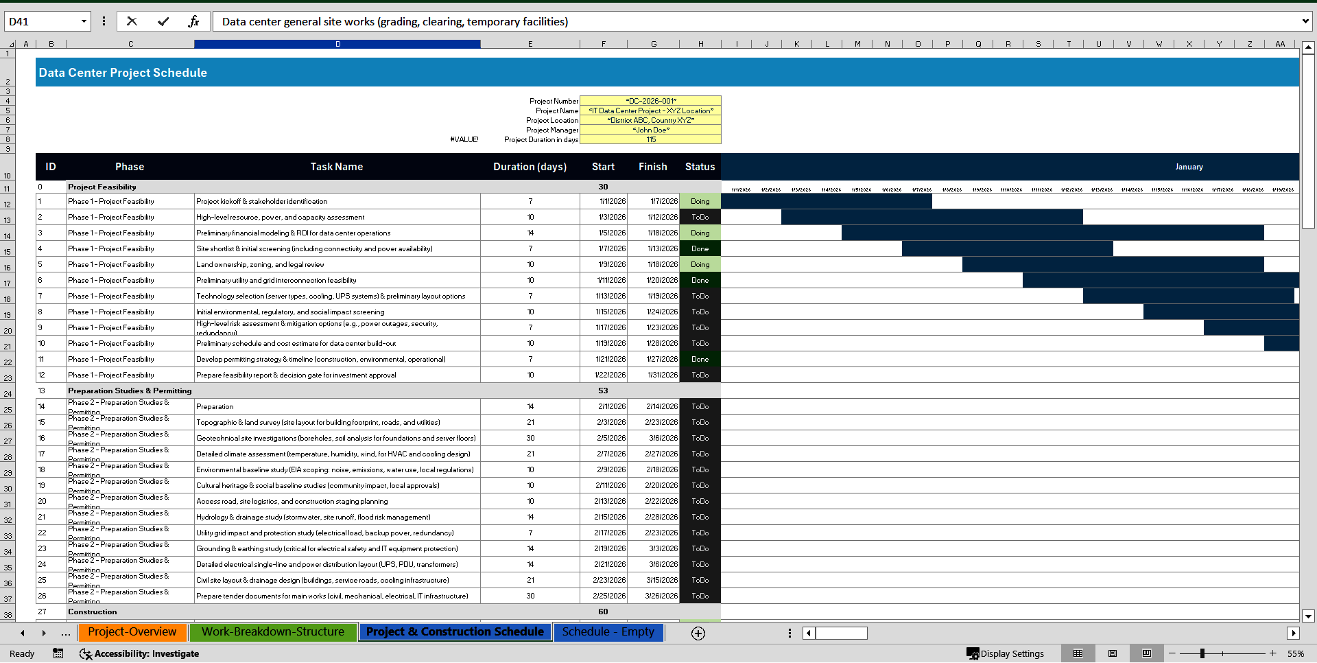 Data Center Project Gantt Schedule Template (Excel template (XLSX)) Preview Image