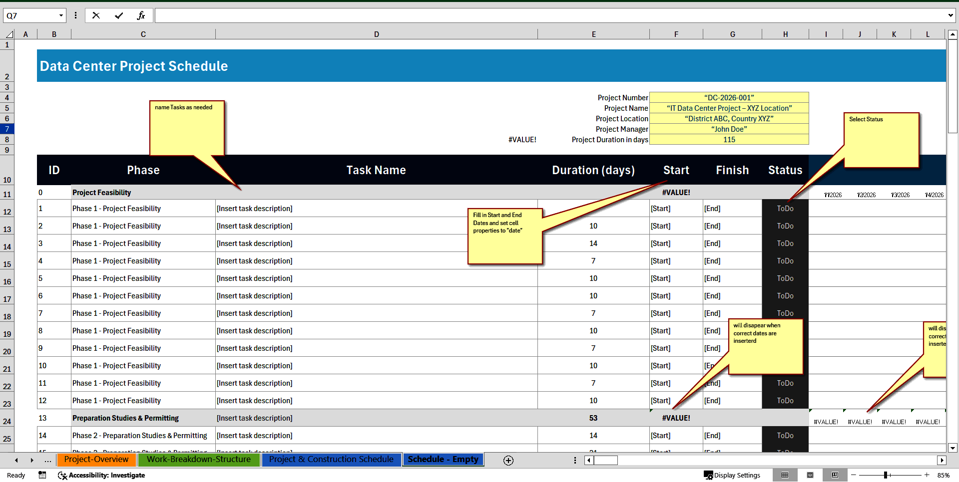 Data Center Project Gantt Schedule Template (Excel template (XLSX)) Preview Image