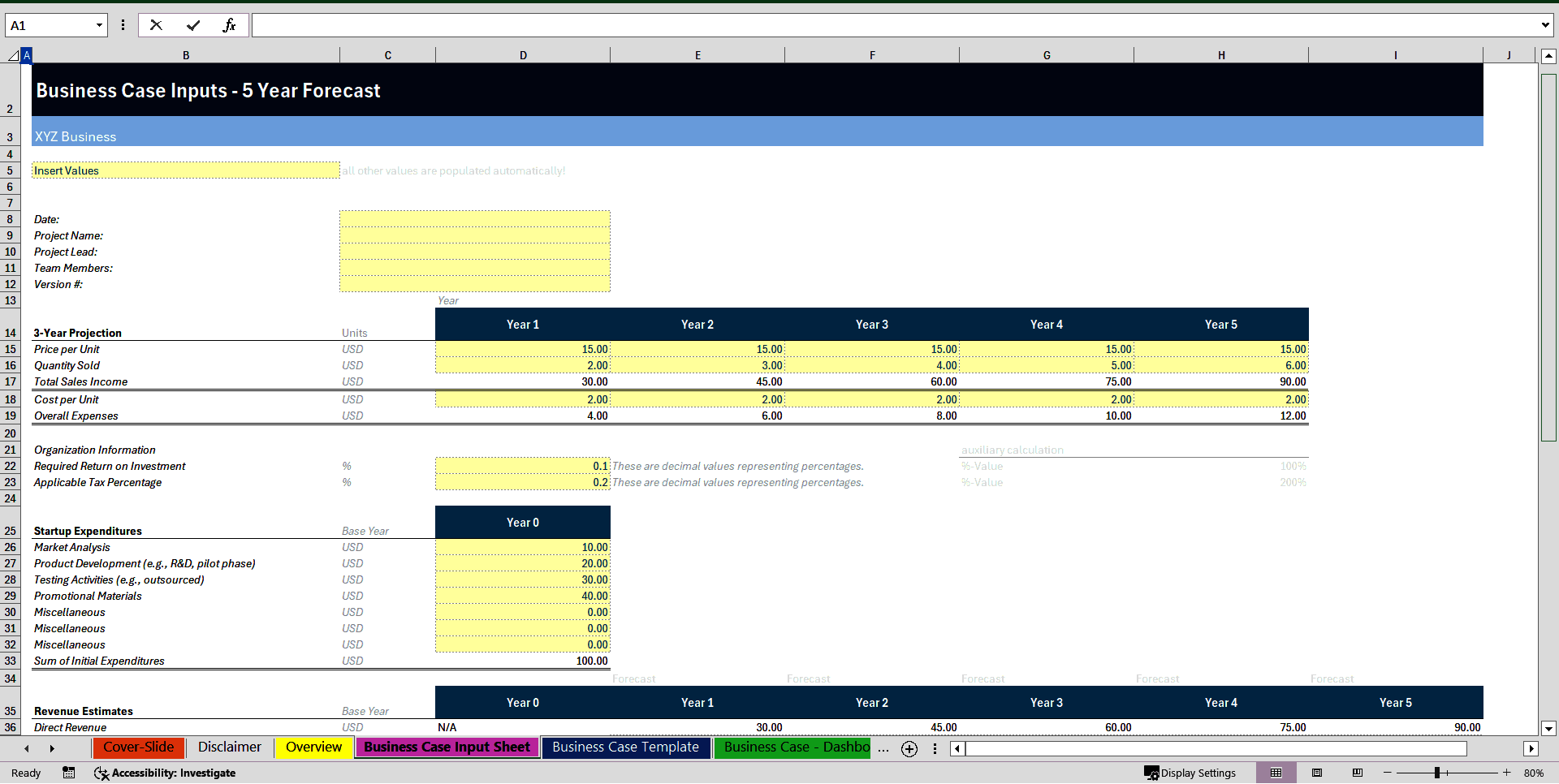 Business Case Dashboard (5-Year Forecast) (Excel template (XLSX)) Preview Image