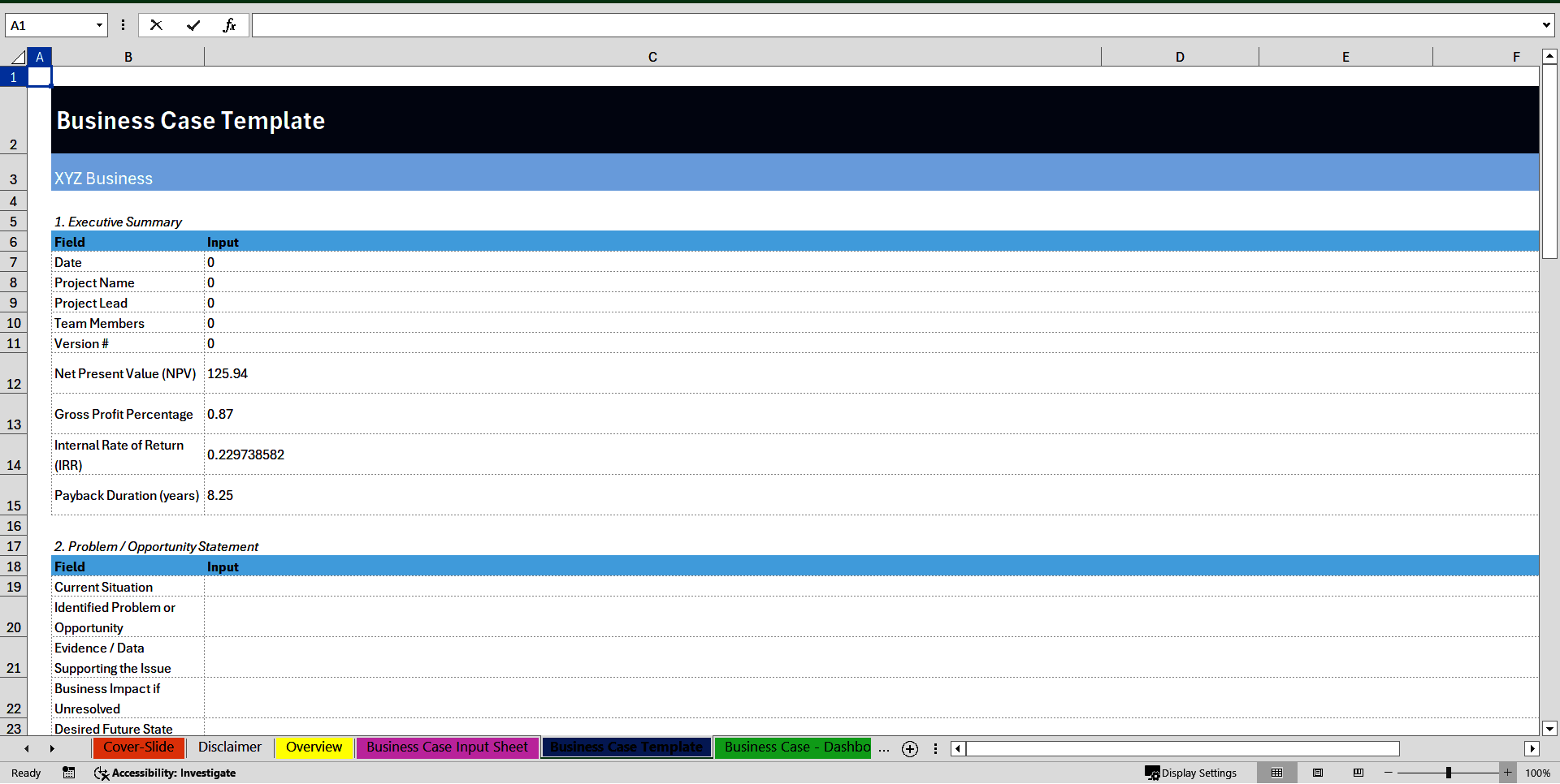 Business Case Dashboard (5-Year Forecast) (Excel template (XLSX)) Preview Image