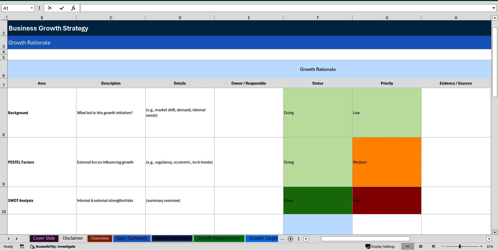 Business Growth Strategy Dashboard (Excel template (XLSX)) Preview Image