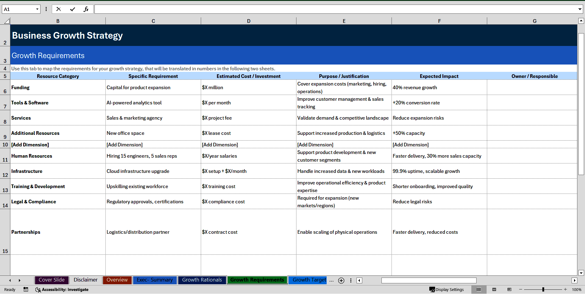 Business Growth Strategy Dashboard (Excel template (XLSX)) Preview Image