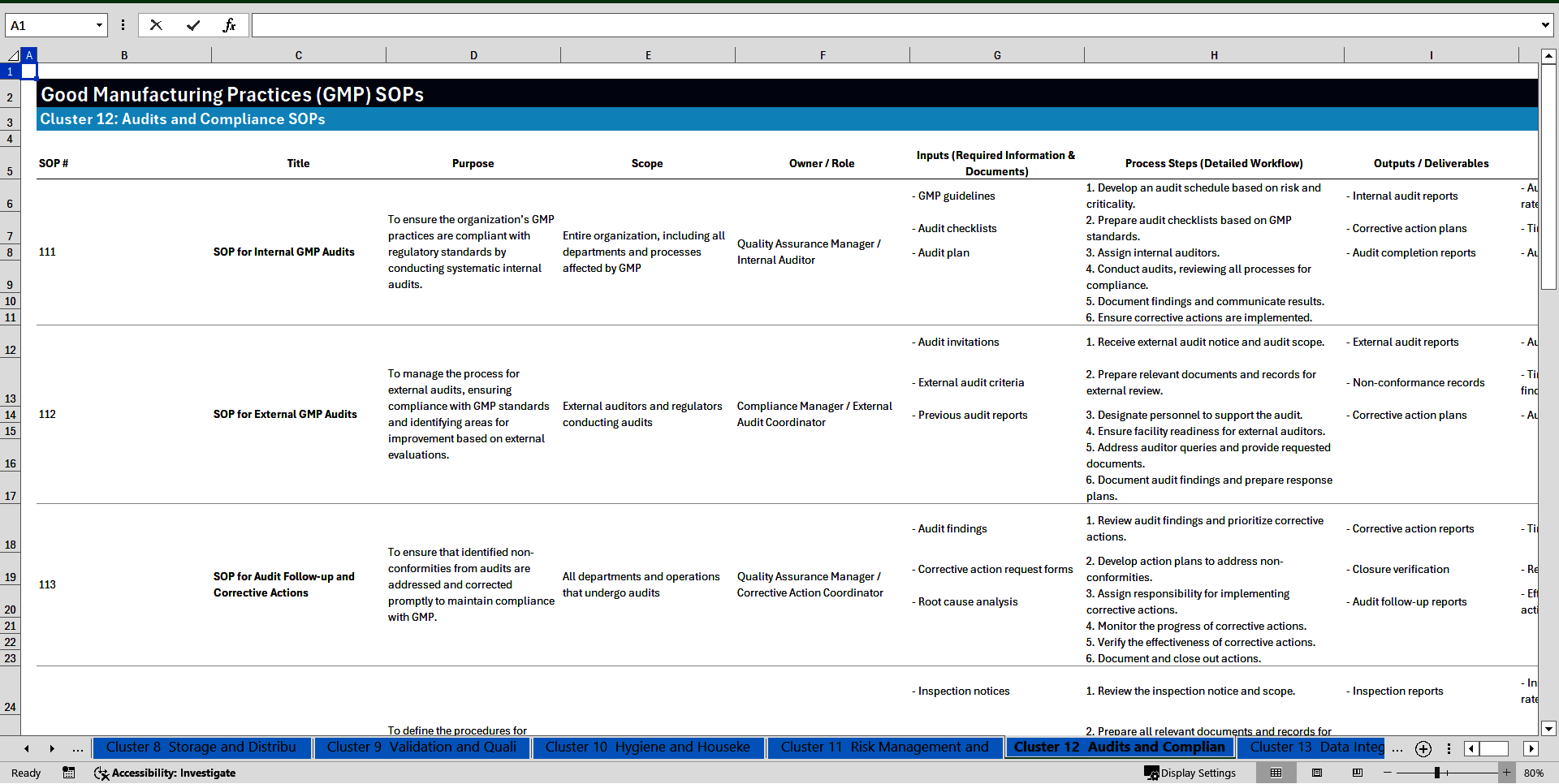 100+ Good Manufacturing Practices (GMP) SOPs (Excel template (XLSX)) Preview Image