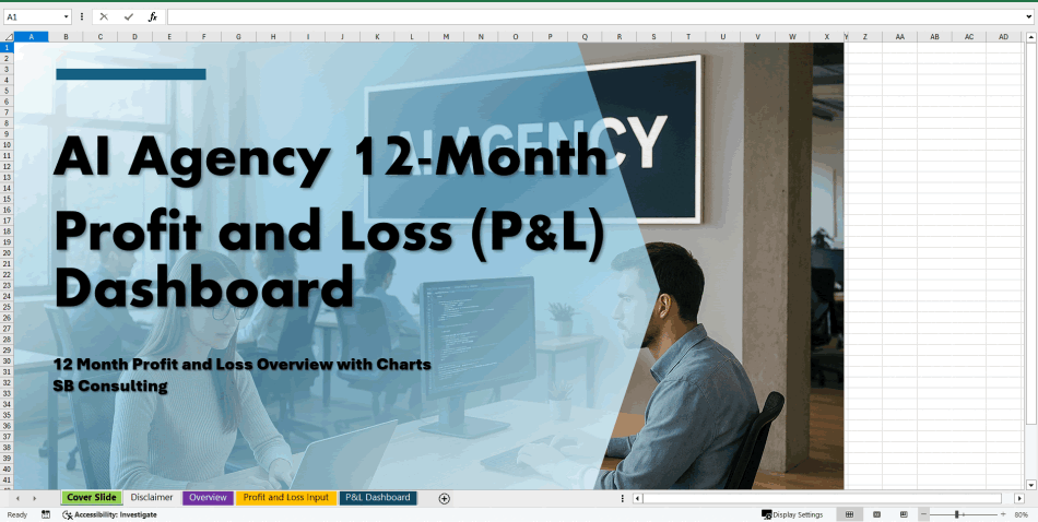AI Agency 12-Month Profit and Loss (P&L) Dashboard (Excel template (XLSX)) Preview Image