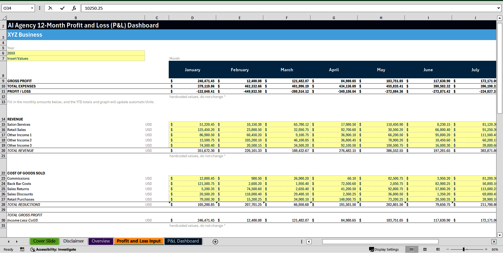 AI Agency 12-Month Profit and Loss (P&L) Dashboard (Excel template (XLSX)) Preview Image