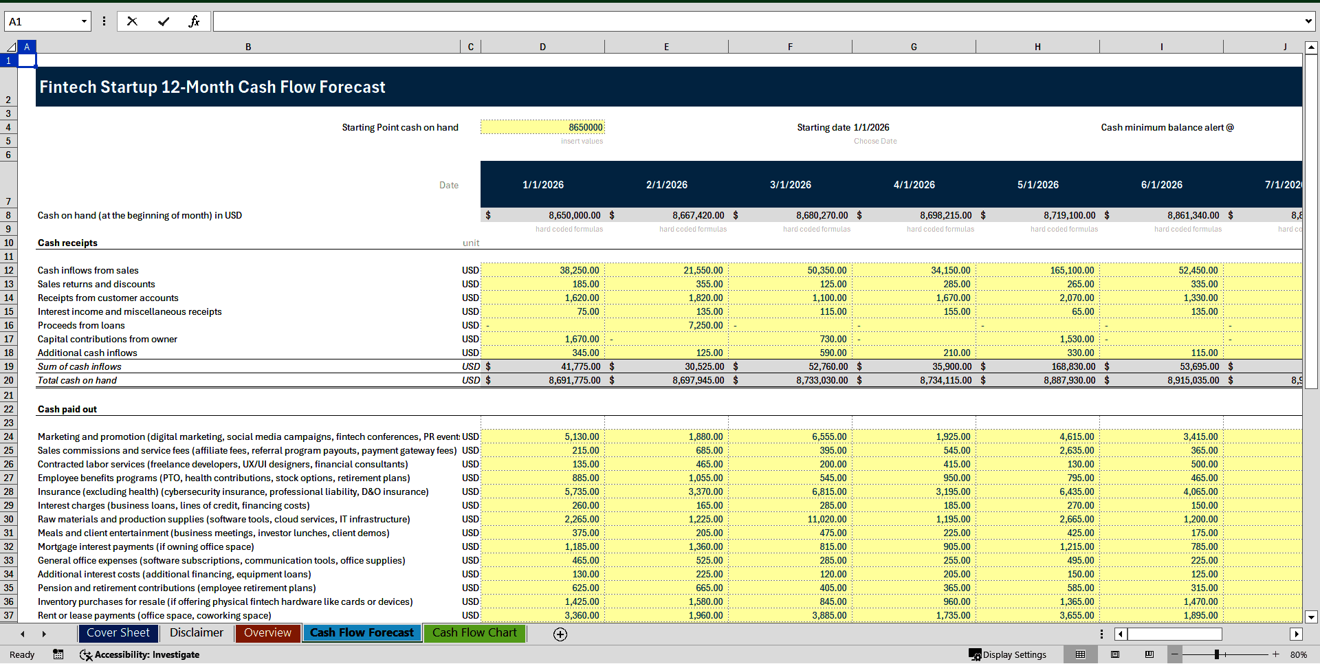FinTech Startup 12-Month Cash Flow Forecast Model (Excel template (XLSX)) Preview Image