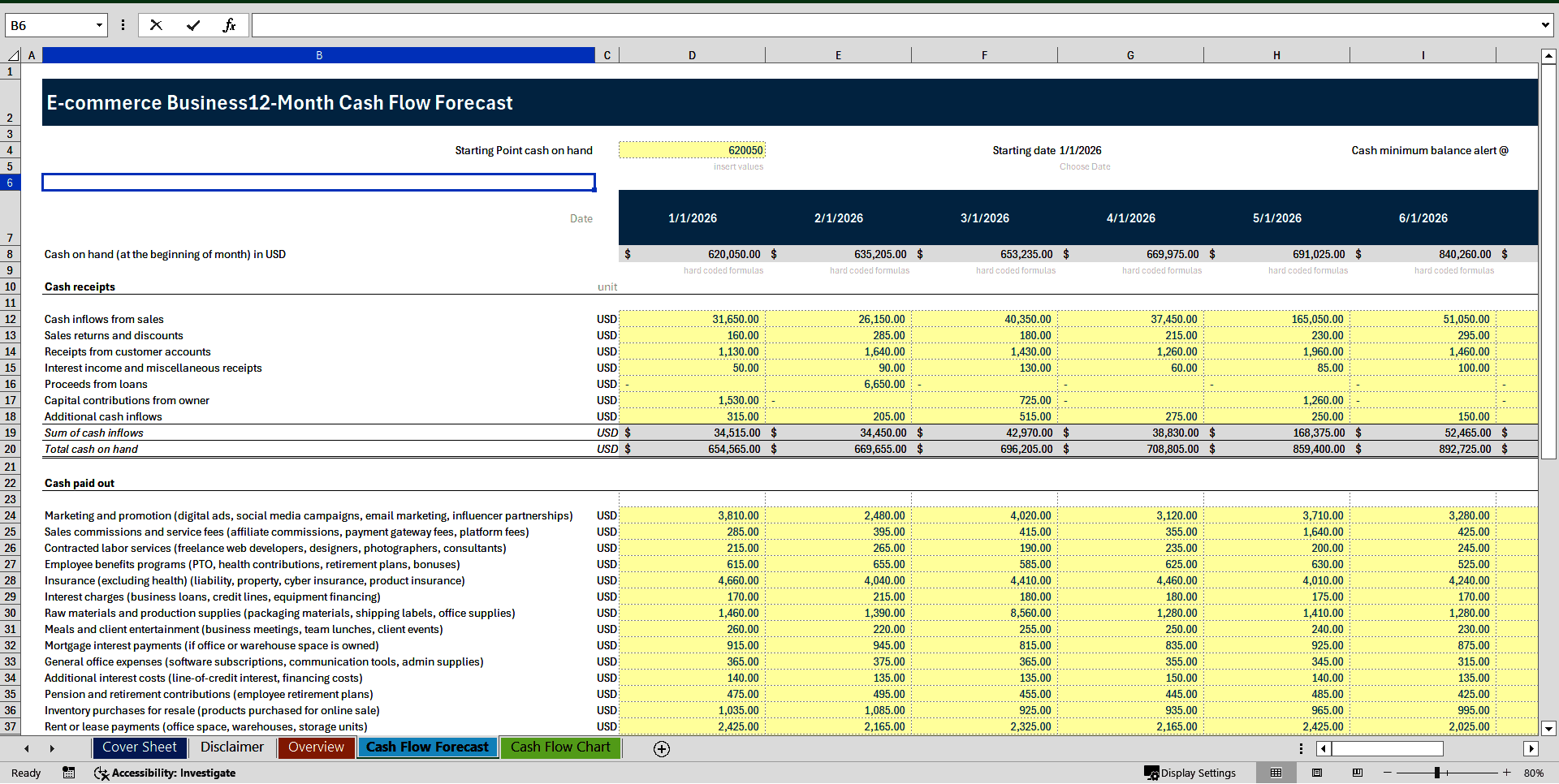E-Commerce Business 12-Month Cash Flow Forecast Model (Excel template (XLSX)) Preview Image