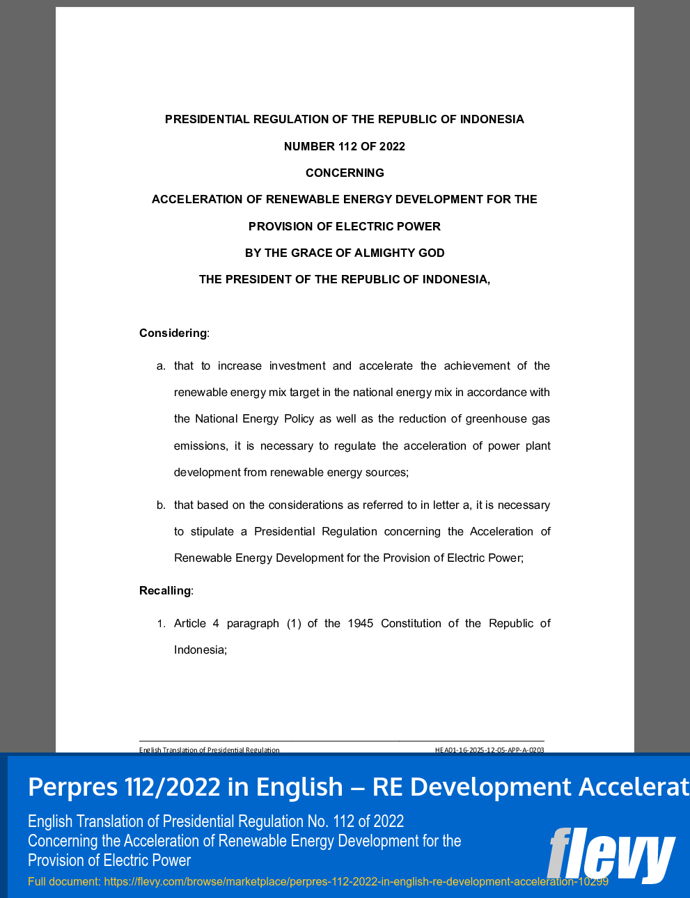 Perpres 112/2022 in English – RE Development Acceleration (0-page PDF document) Preview Image