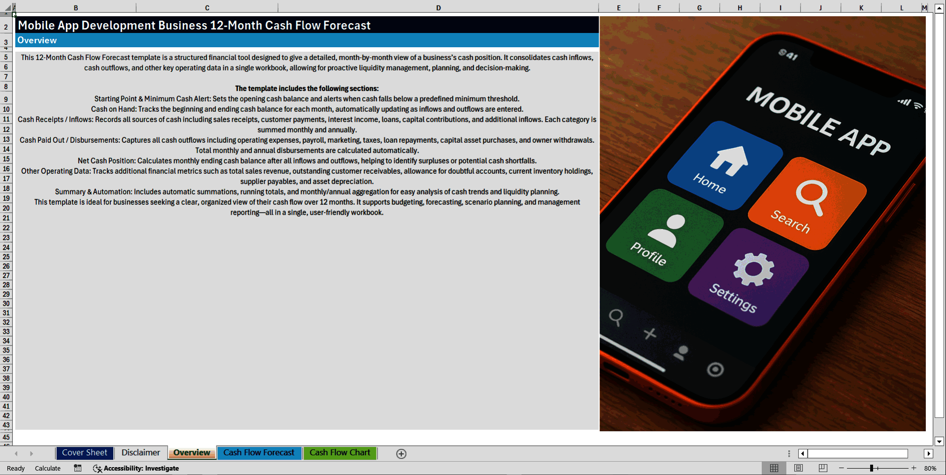 Mobile App Development Business 12-Month Cash Flow Forecast (Excel template (XLSX)) Preview Image