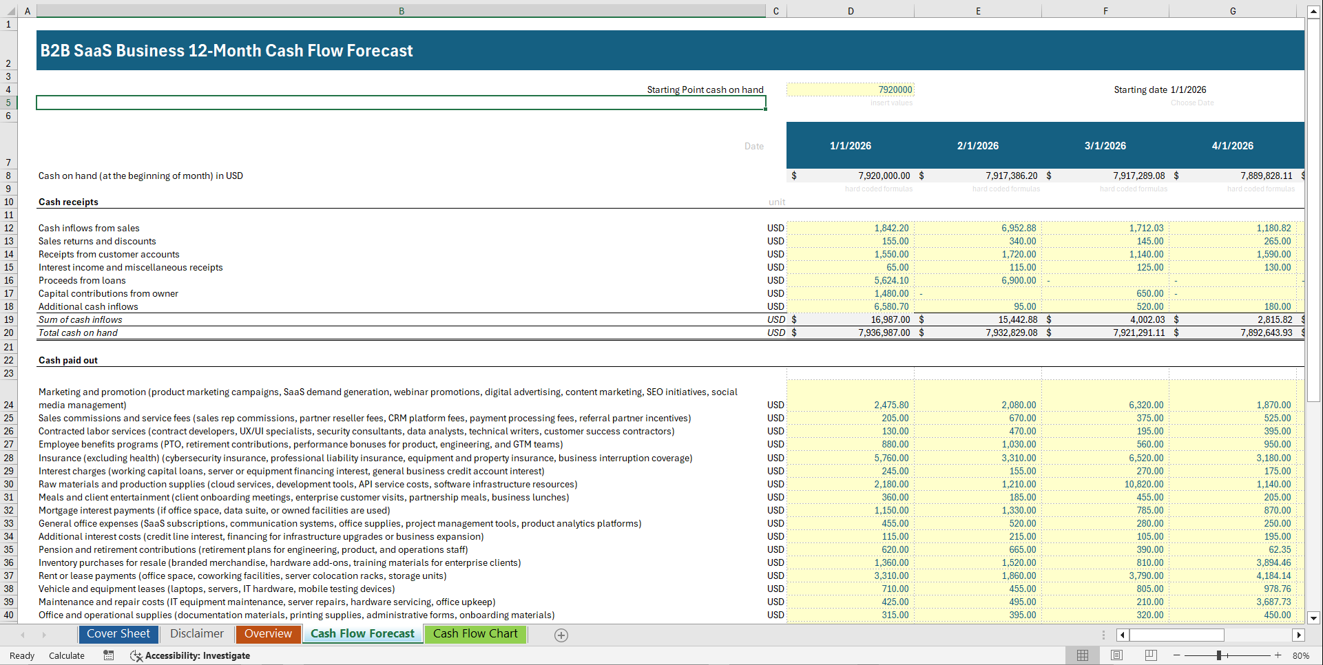 B2B SaaS Business 12-Month Cash Flow Model (Excel template (XLSX)) Preview Image
