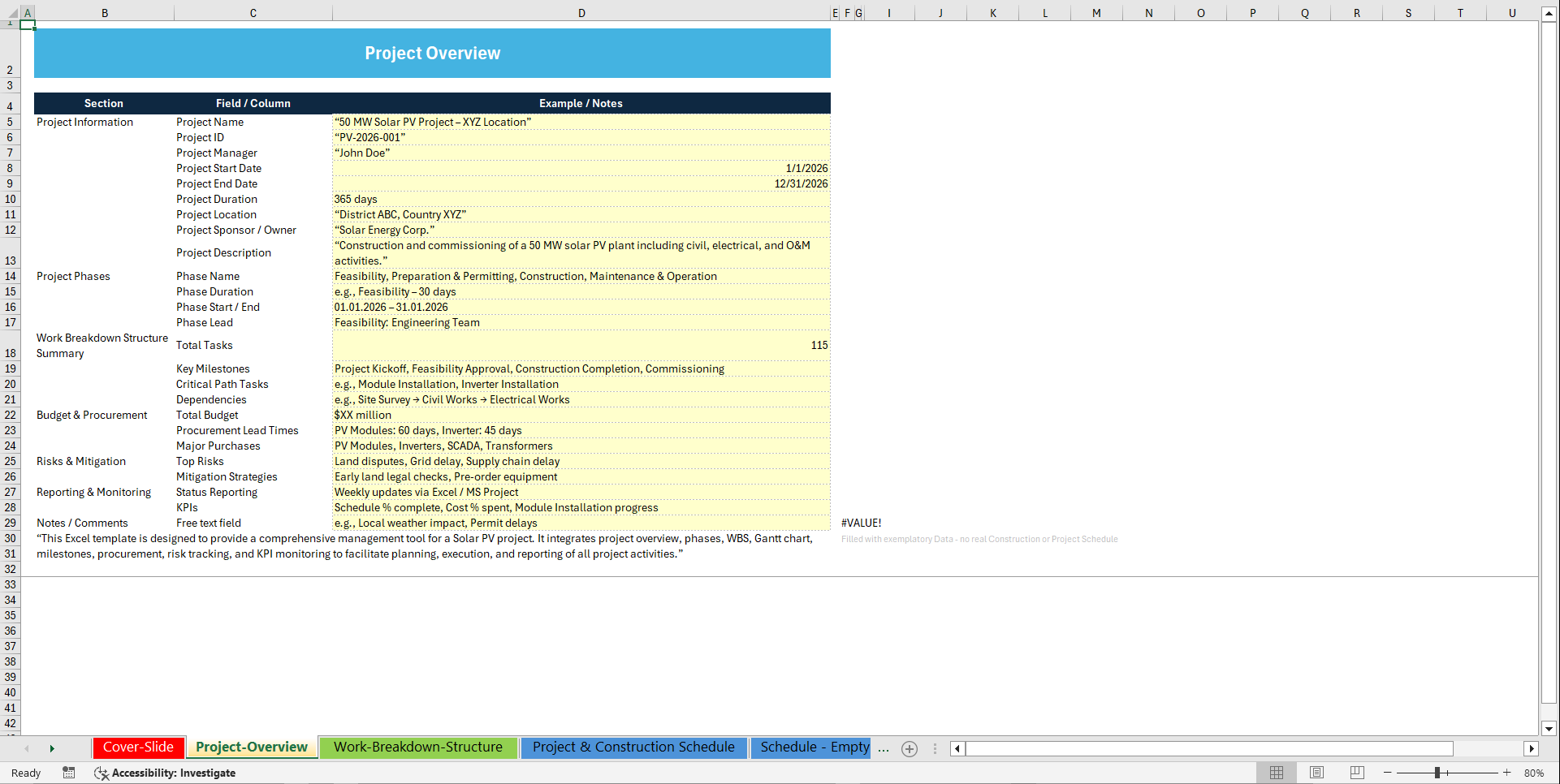 Solar (PV) Power Plant Project Gantt Schedule Template (Excel template (XLSX)) Preview Image