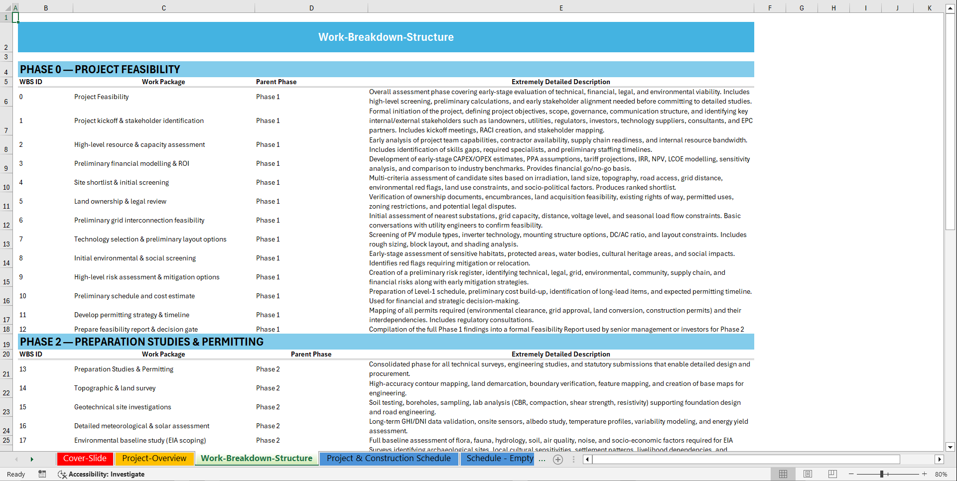 Solar (PV) Power Plant Project Gantt Schedule Template (Excel template (XLSX)) Preview Image