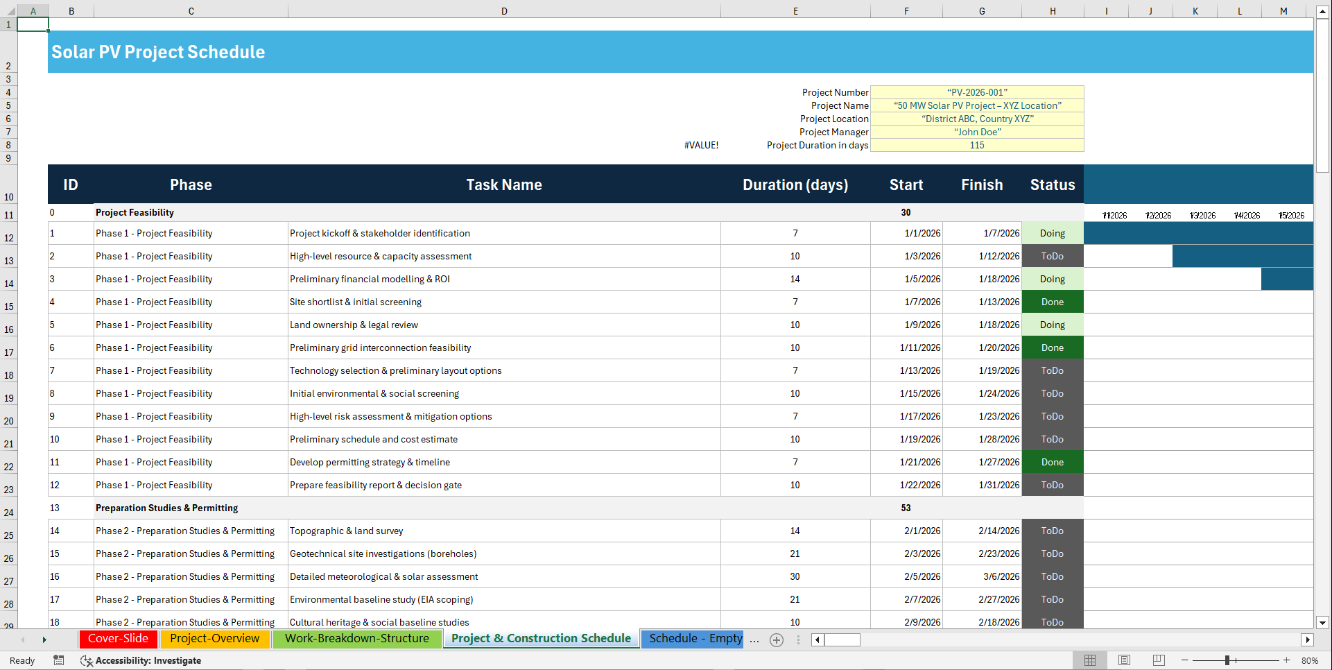 Solar (PV) Power Plant Project Gantt Schedule Template (Excel template (XLSX)) Preview Image